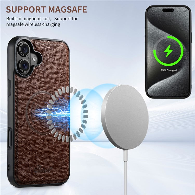 SUTENI H18 For iPhone 16 Magnetic Case Cross Texture Leather+TPU Cover with Detachable Card Bag - Brown