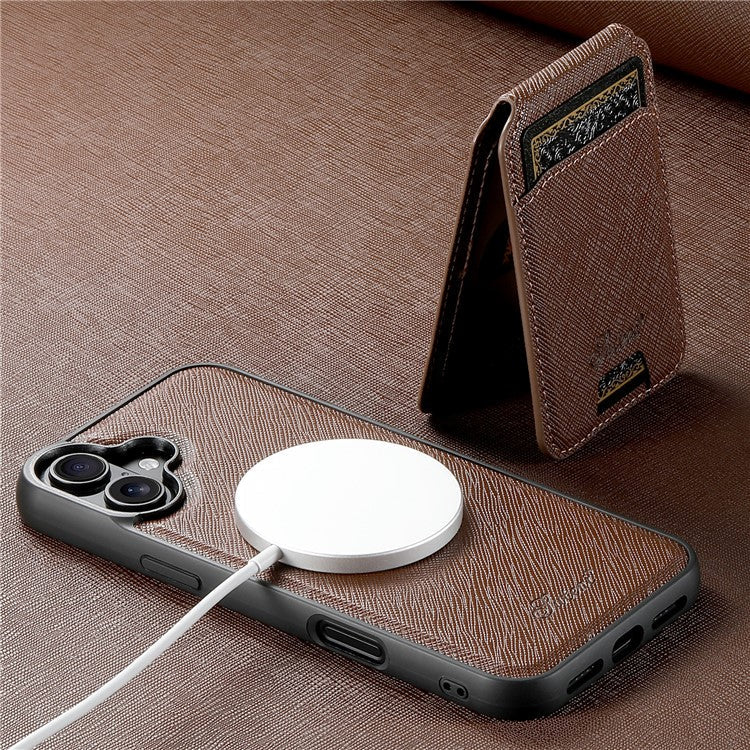 SUTENI H18 For iPhone 16 Magnetic Case Cross Texture Leather+TPU Cover with Detachable Card Bag - Brown