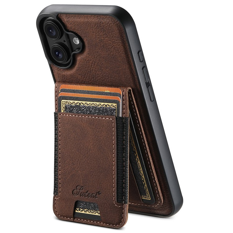 SUTENI H17 For iPhone 16 Magnetic Case Card Slots Leather+TPU Kickstand Phone Cover - Brown