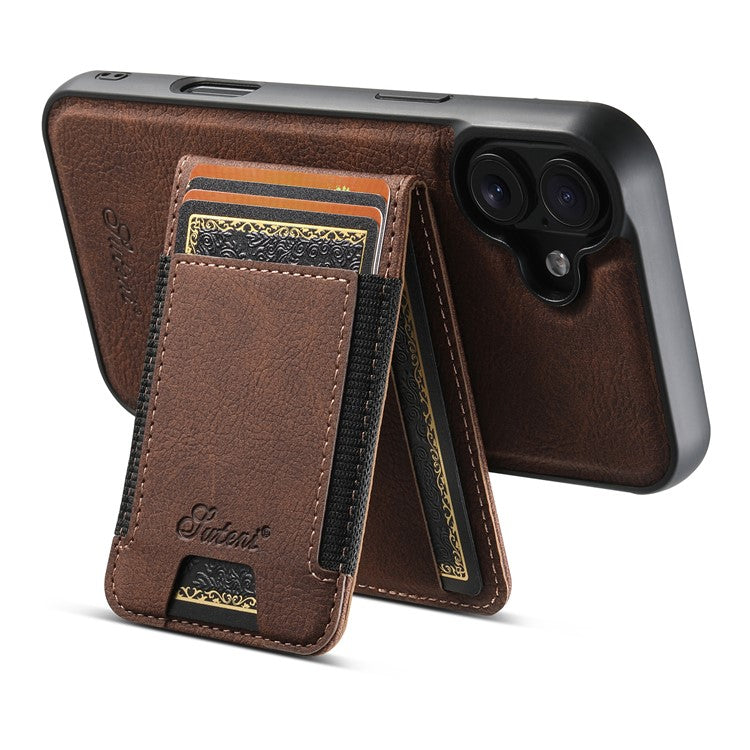 SUTENI H17 For iPhone 16 Magnetic Case Card Slots Leather+TPU Kickstand Phone Cover - Brown