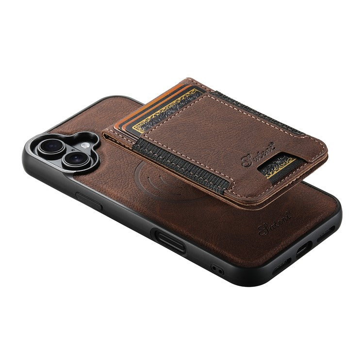 SUTENI H17 For iPhone 16 Magnetic Case Card Slots Leather+TPU Kickstand Phone Cover - Brown