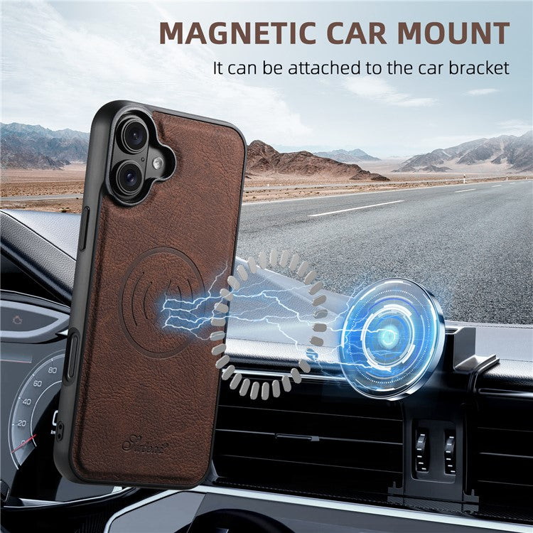 SUTENI H17 For iPhone 16 Magnetic Case Card Slots Leather+TPU Kickstand Phone Cover - Brown