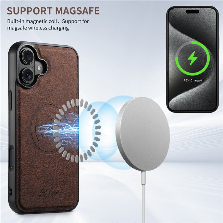 SUTENI H17 For iPhone 16 Magnetic Case Card Slots Leather+TPU Kickstand Phone Cover - Brown