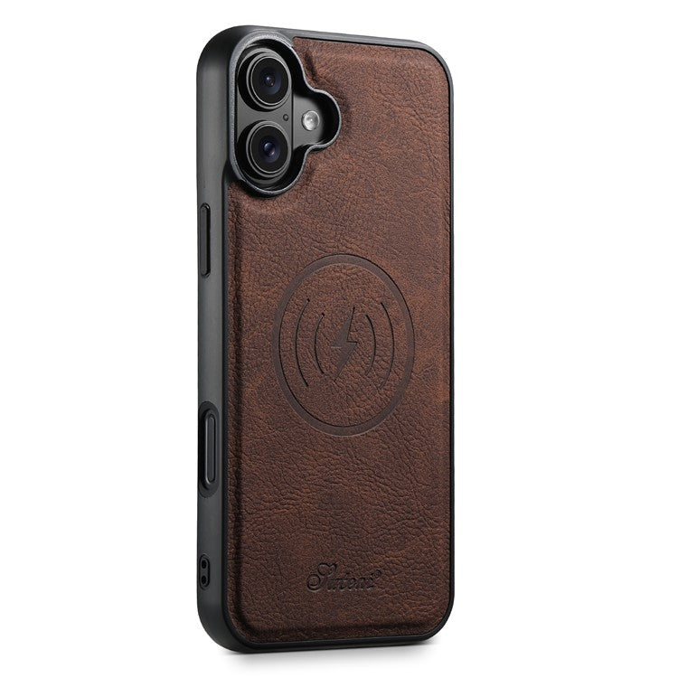 SUTENI H17 For iPhone 16 Magnetic Case Card Slots Leather+TPU Kickstand Phone Cover - Brown