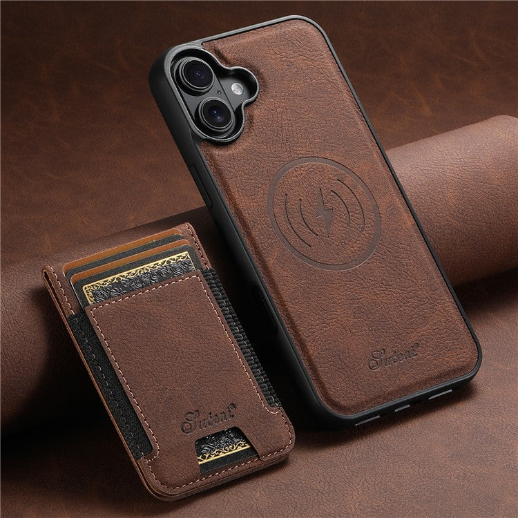 SUTENI H17 For iPhone 16 Magnetic Case Card Slots Leather+TPU Kickstand Phone Cover - Brown