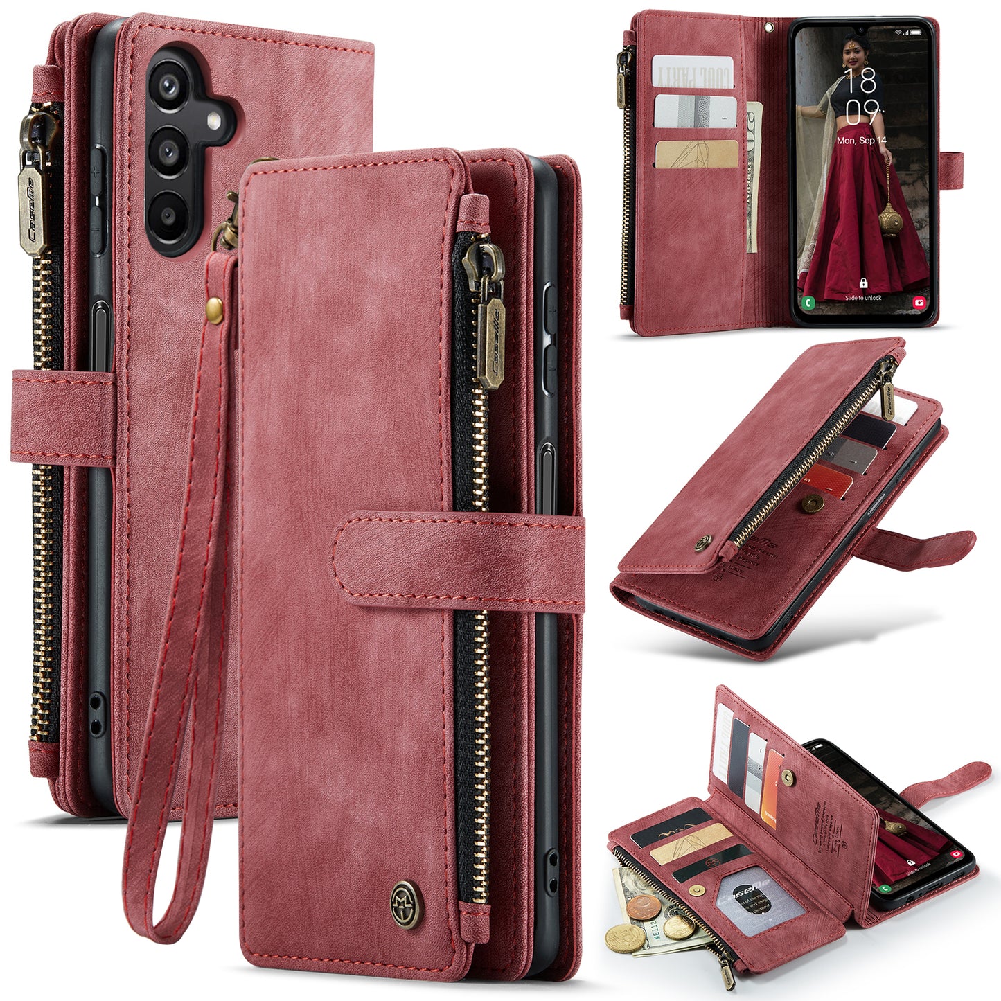 For Samsung Galaxy A16 5G / A16 4G Case CASEME C30 Series PU Leather 10 Card Slots Wallet Phone Cover - Red