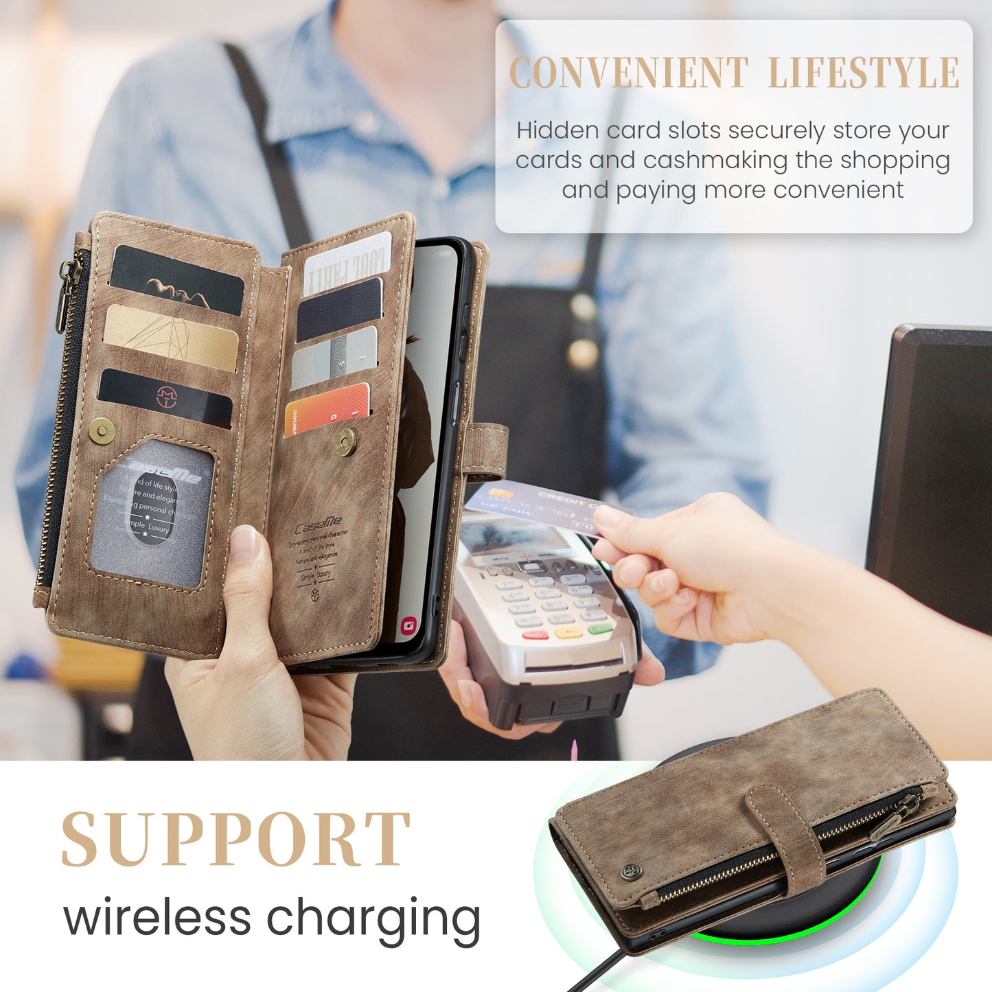 For Samsung Galaxy A16 5G / A16 4G Case CASEME C30 Series PU Leather 10 Card Slots Wallet Phone Cover - Brown