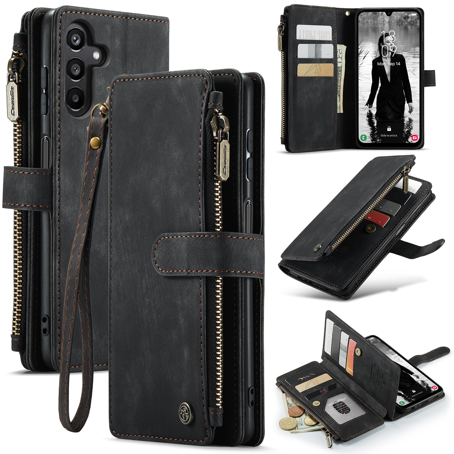 For Samsung Galaxy A16 5G / A16 4G Case CASEME C30 Series PU Leather 10 Card Slots Wallet Phone Cover - Black