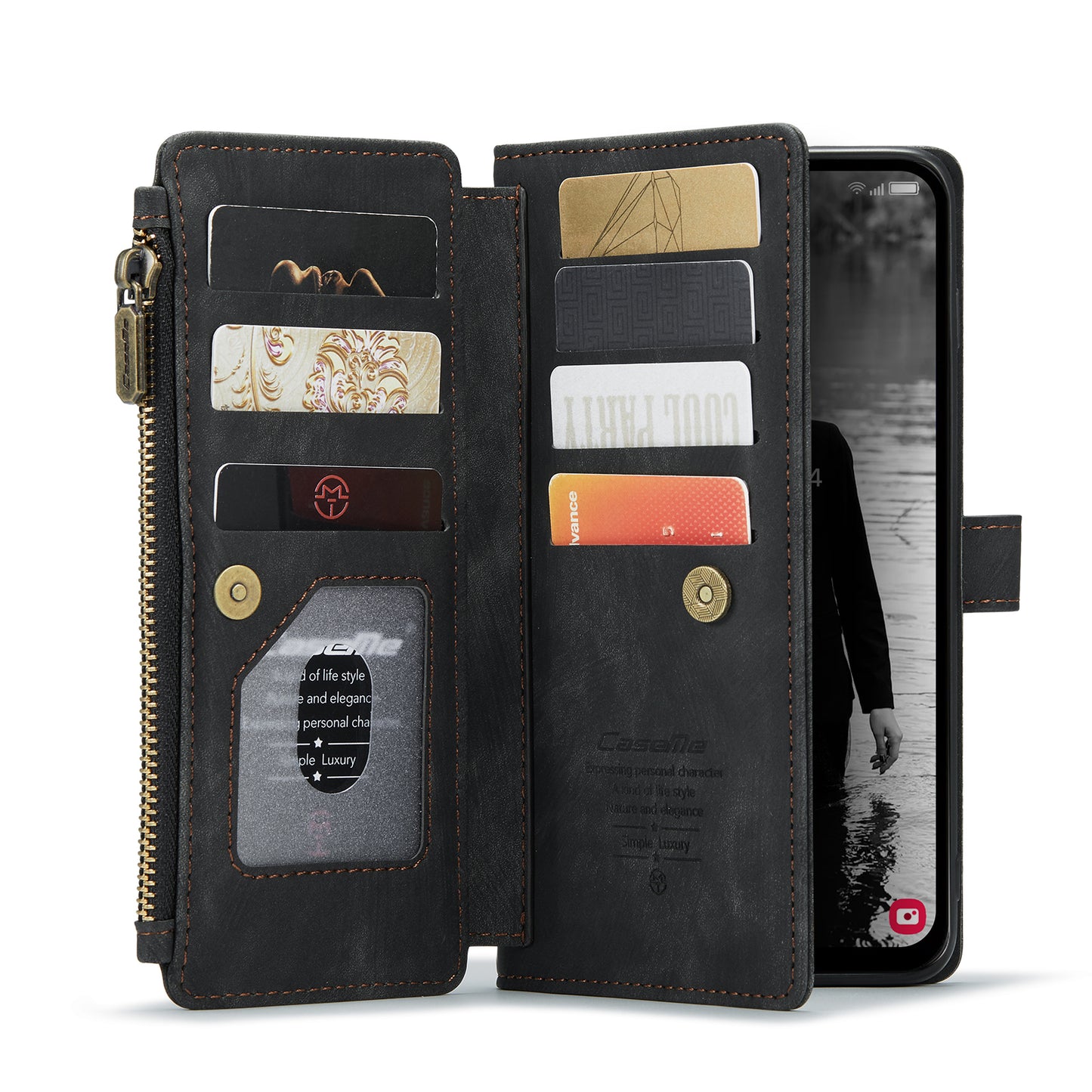 For Samsung Galaxy A16 5G / A16 4G Case CASEME C30 Series PU Leather 10 Card Slots Wallet Phone Cover - Black