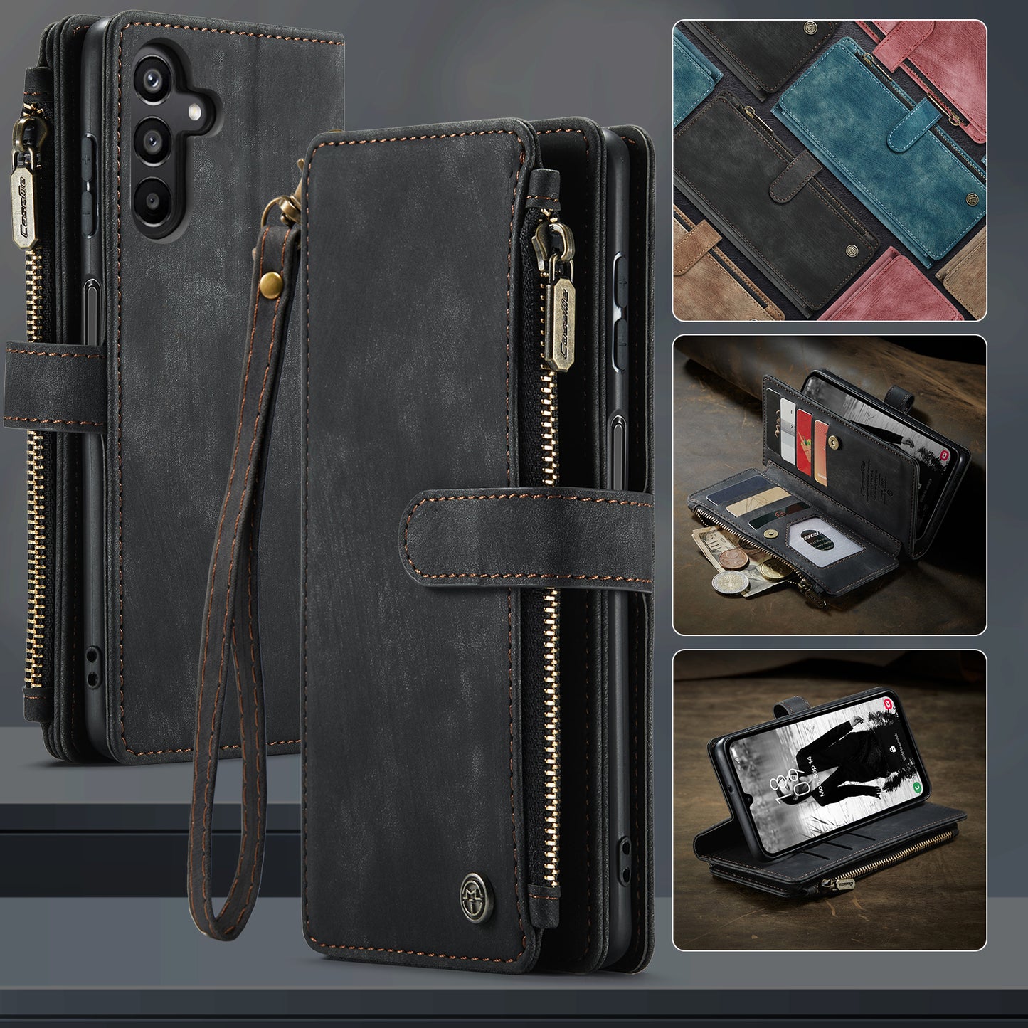 For Samsung Galaxy A16 5G / A16 4G Case CASEME C30 Series PU Leather 10 Card Slots Wallet Phone Cover - Black