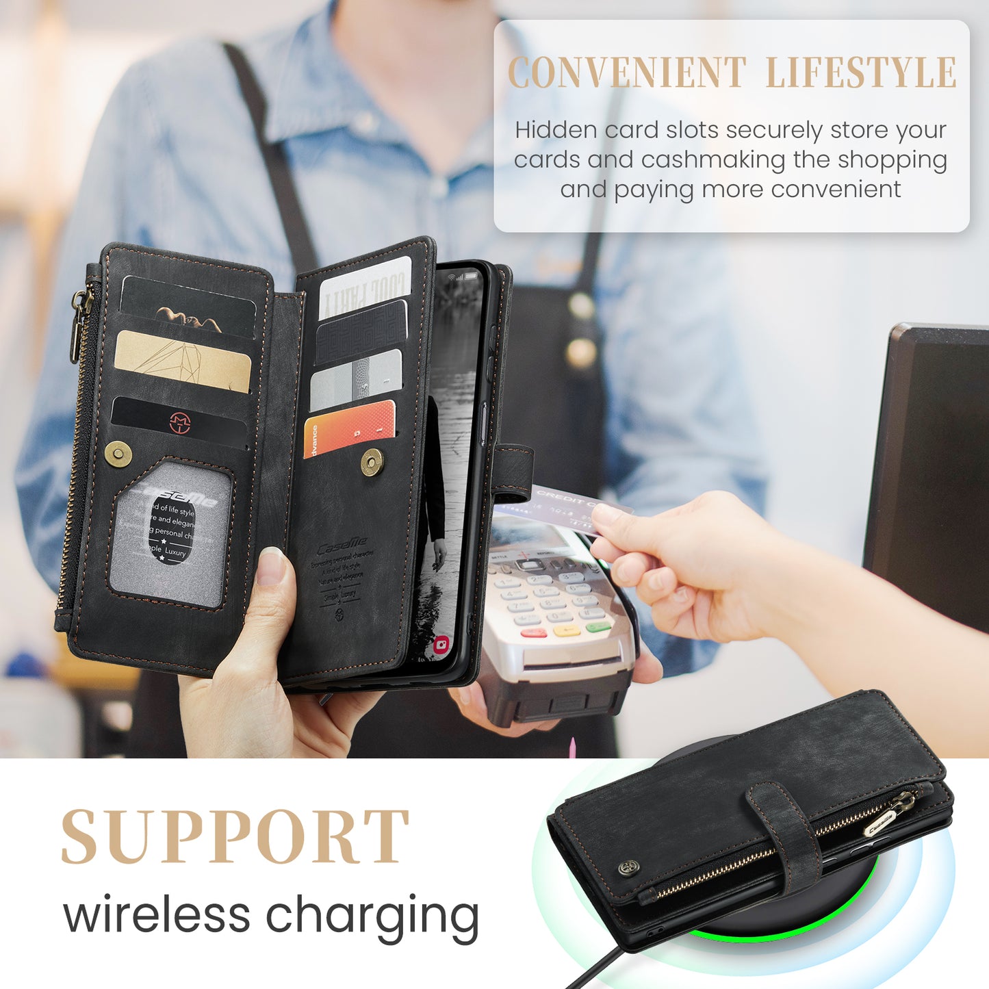 For Samsung Galaxy A16 5G / A16 4G Case CASEME C30 Series PU Leather 10 Card Slots Wallet Phone Cover - Black