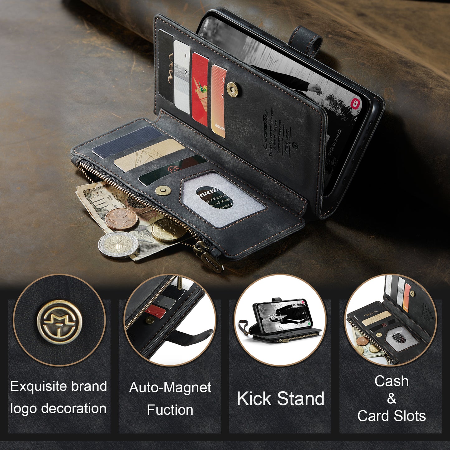 For Samsung Galaxy A16 5G / A16 4G Case CASEME C30 Series PU Leather 10 Card Slots Wallet Phone Cover - Black