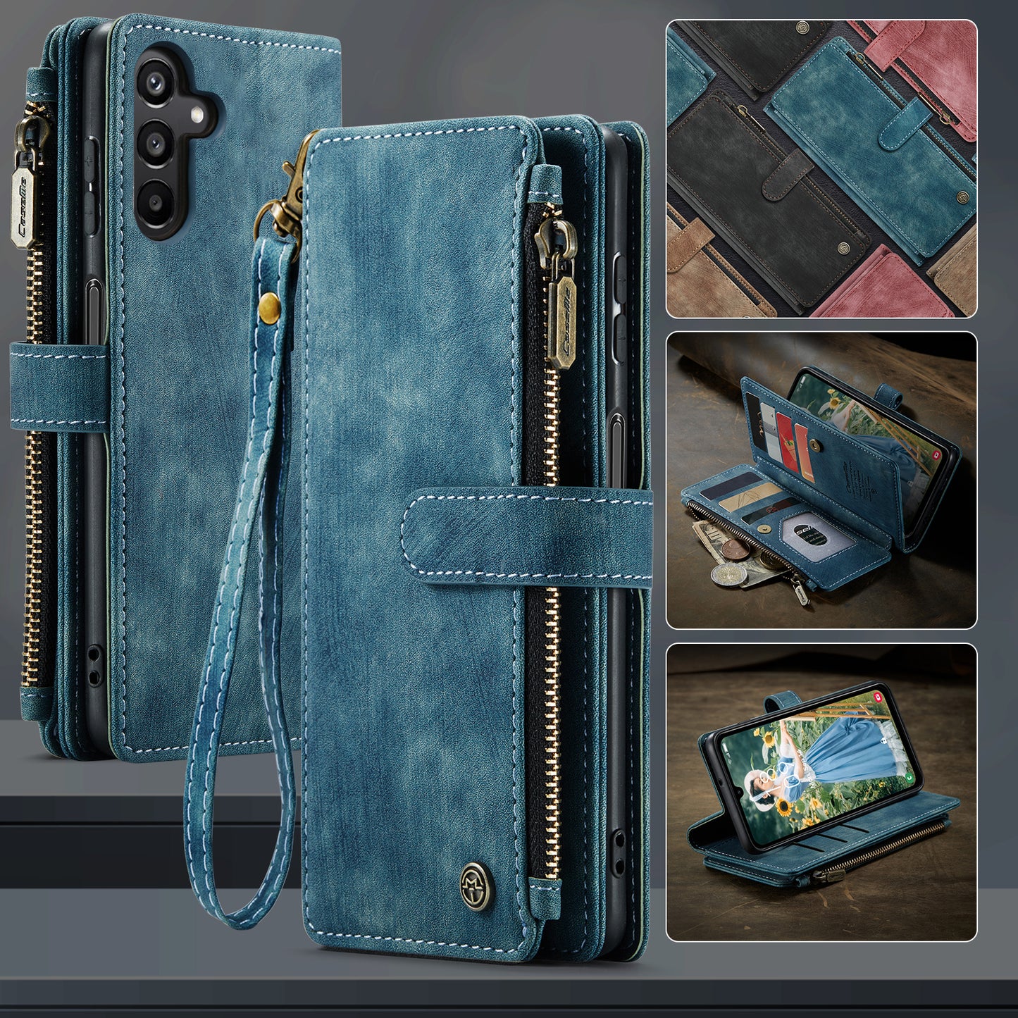 For Samsung Galaxy A16 5G / A16 4G Case CASEME C30 Series PU Leather 10 Card Slots Wallet Phone Cover - Blue