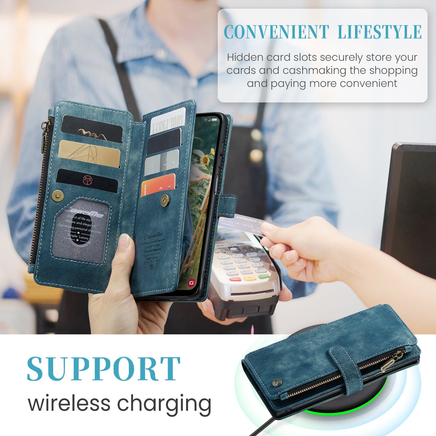 For Samsung Galaxy A16 5G / A16 4G Case CASEME C30 Series PU Leather 10 Card Slots Wallet Phone Cover - Blue