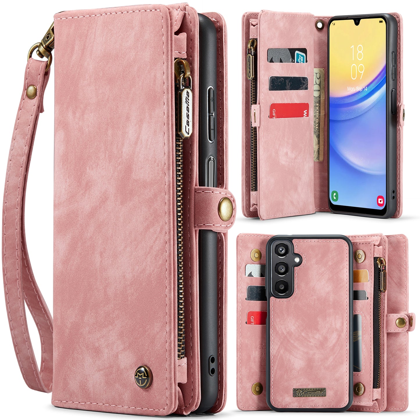 For Samsung Galaxy A16 5G / A16 4G Case CASEME 008 Series Detachable Leather Zipper Wallet Phone Cover - Pink