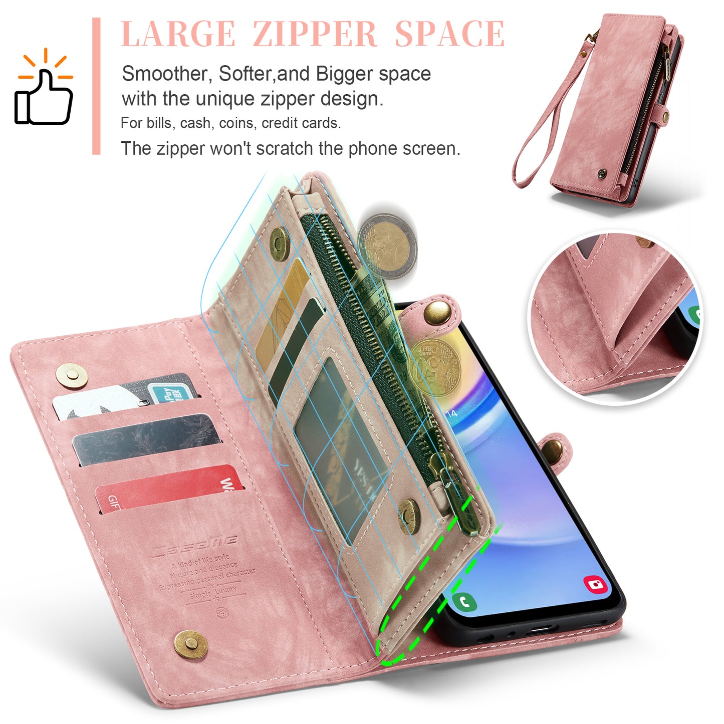 For Samsung Galaxy A16 5G / A16 4G Case CASEME 008 Series Detachable Leather Zipper Wallet Phone Cover - Pink