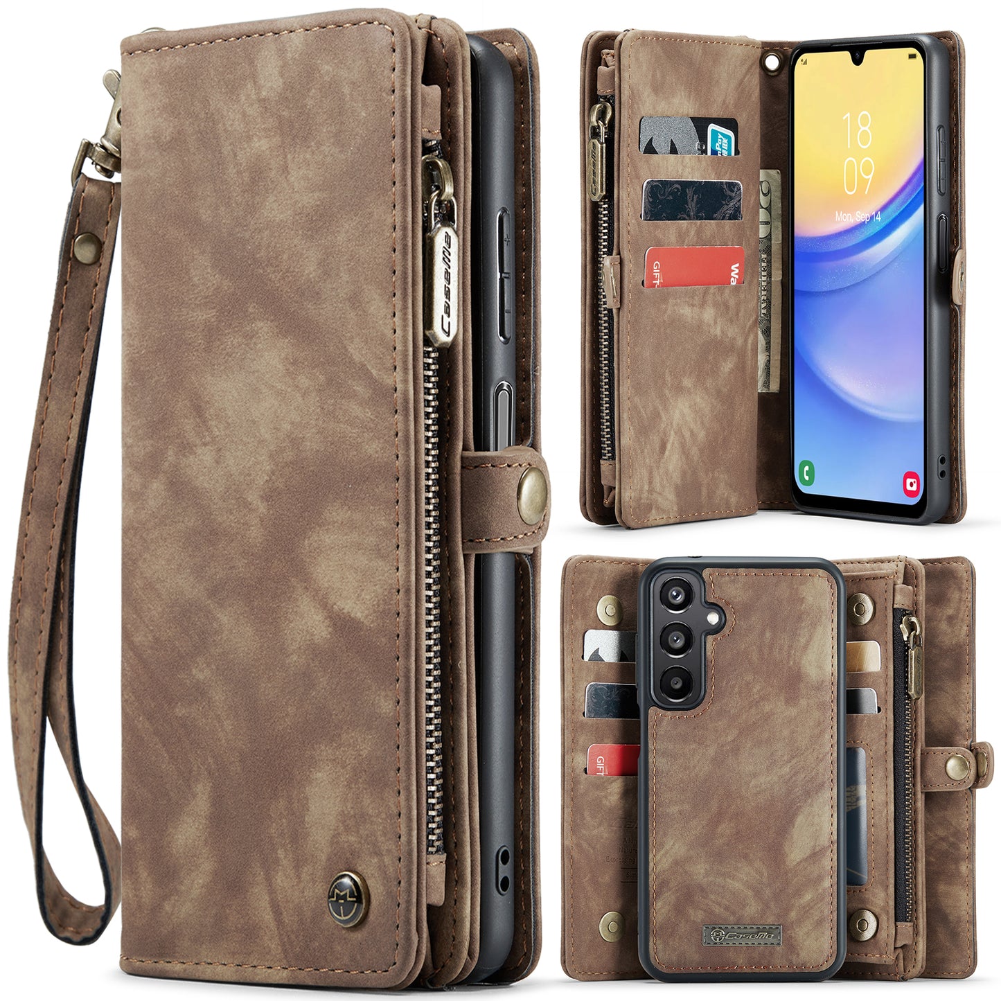 For Samsung Galaxy A16 5G / A16 4G Case CASEME 008 Series Detachable Leather Zipper Wallet Phone Cover - Brown