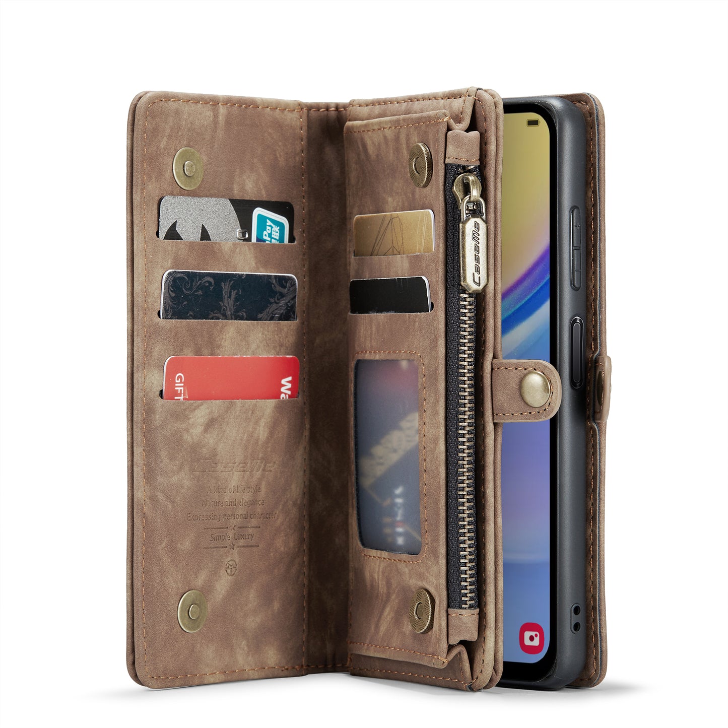 For Samsung Galaxy A16 5G / A16 4G Case CASEME 008 Series Detachable Leather Zipper Wallet Phone Cover - Brown