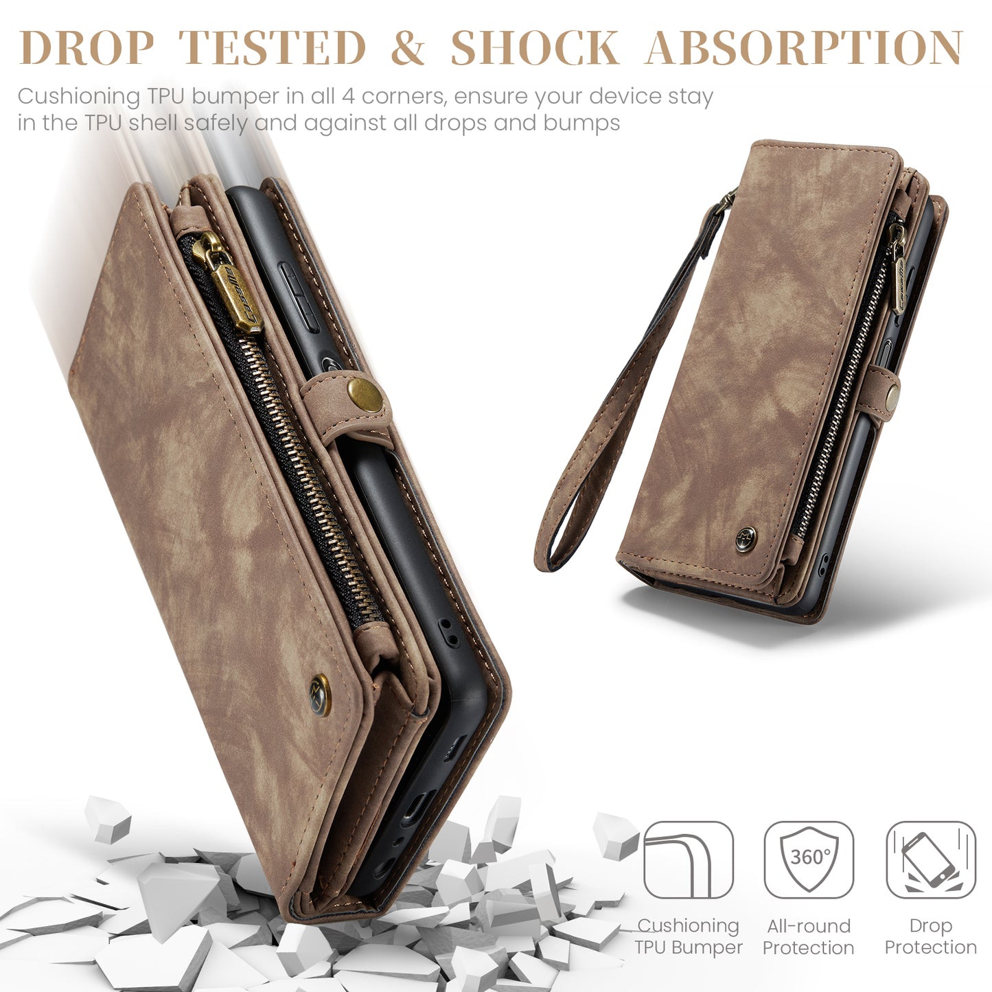 For Samsung Galaxy A16 5G / A16 4G Case CASEME 008 Series Detachable Leather Zipper Wallet Phone Cover - Brown