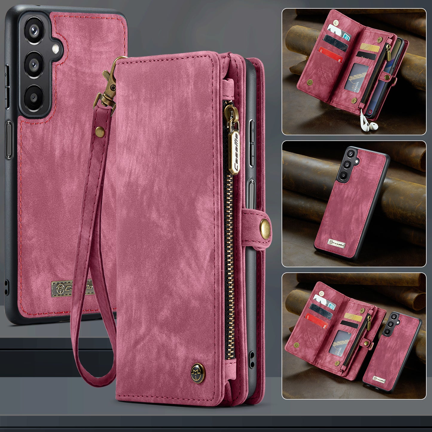 For Samsung Galaxy A16 5G / A16 4G Case CASEME 008 Series Detachable Leather Zipper Wallet Phone Cover - Red