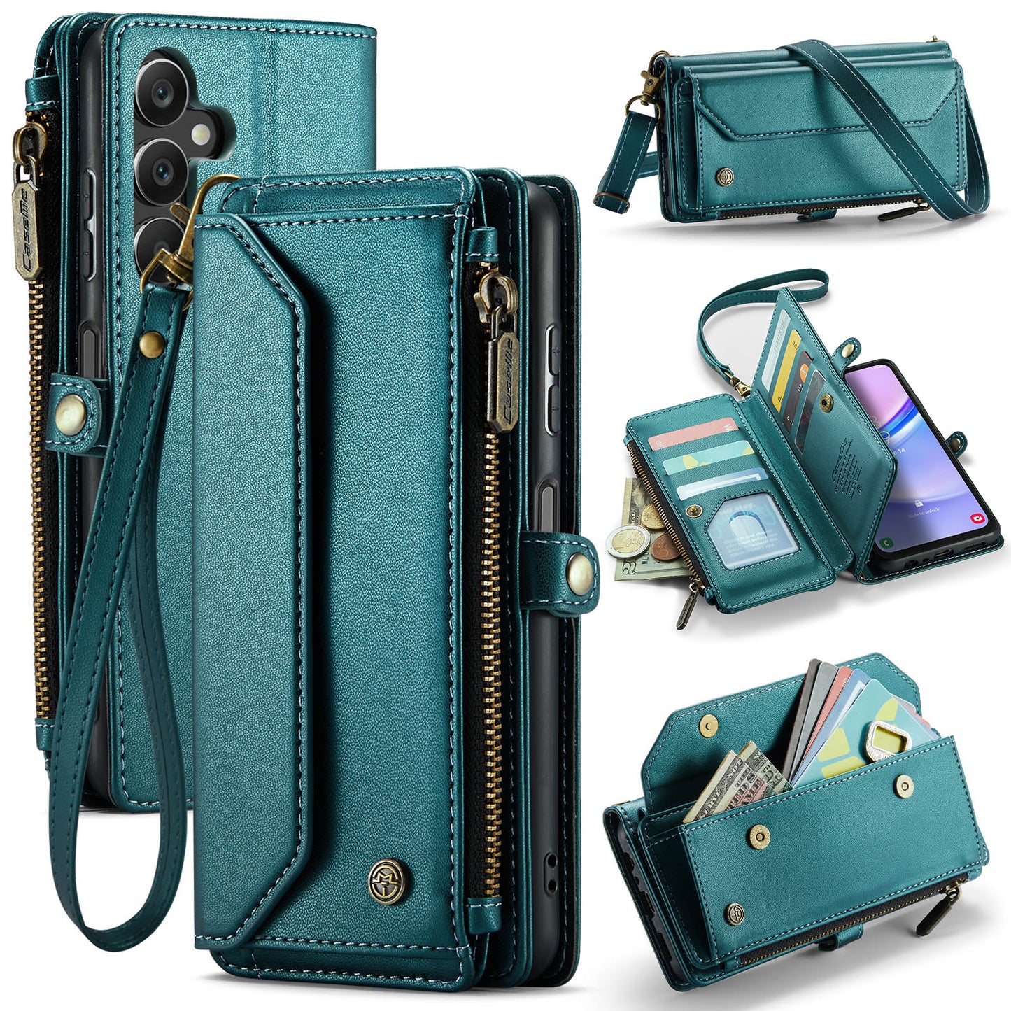 For Samsung Galaxy A16 5G / A16 4G Case CASEME C36 Series Zipper Wallet Leather Phone Cover with Straps - Green