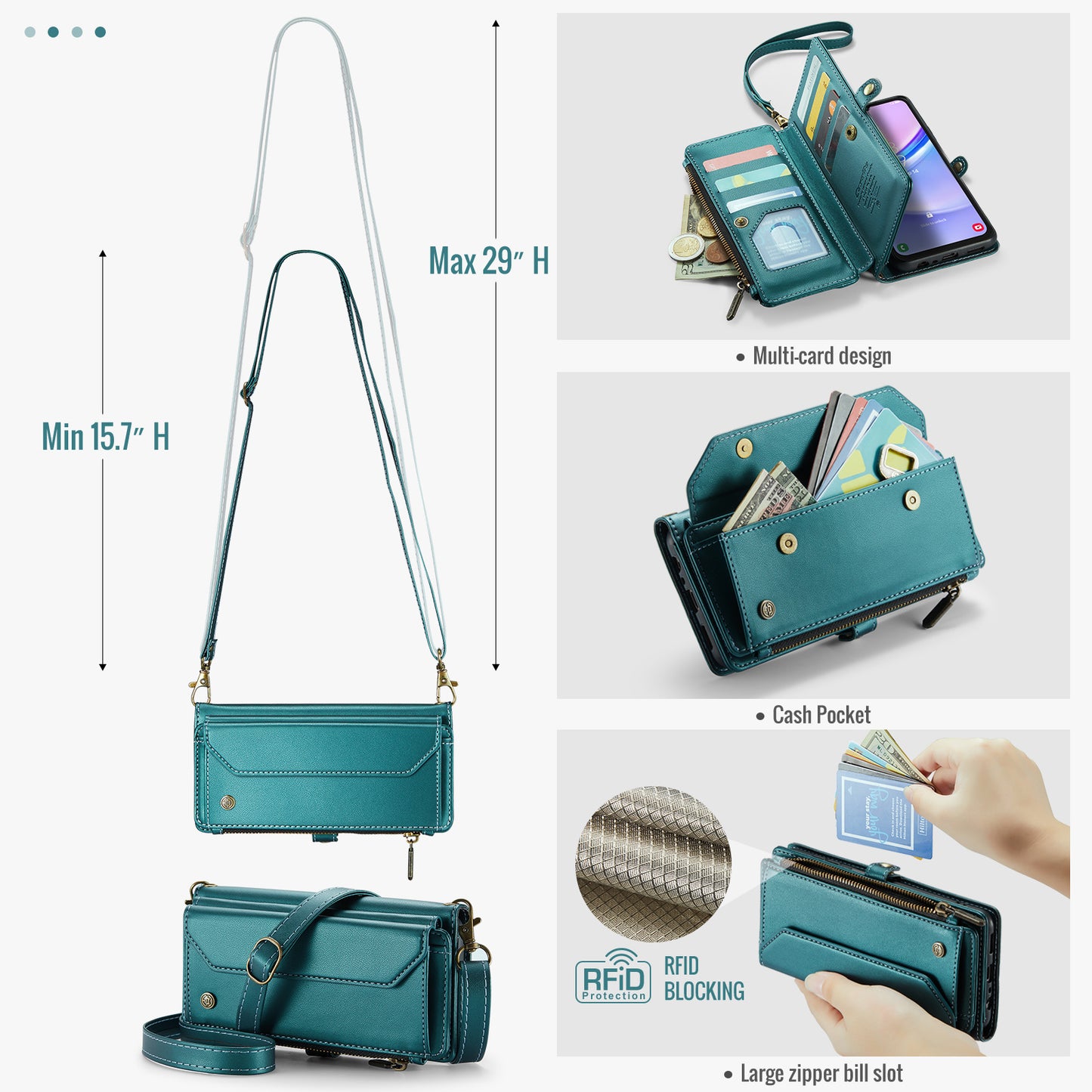 For Samsung Galaxy A16 5G / A16 4G Case CASEME C36 Series Zipper Wallet Leather Phone Cover with Straps - Green