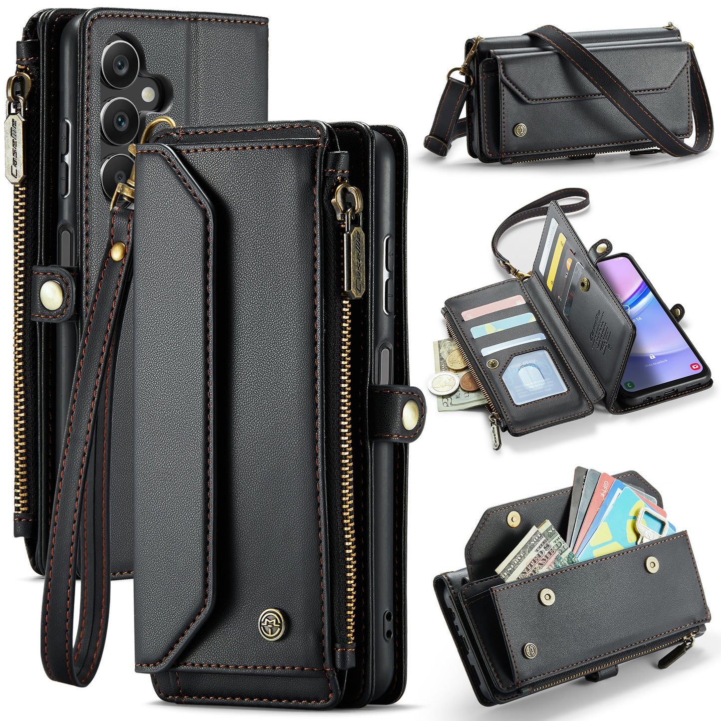 For Samsung Galaxy A16 5G / A16 4G Case CASEME C36 Series Zipper Wallet Leather Phone Cover with Straps - Black