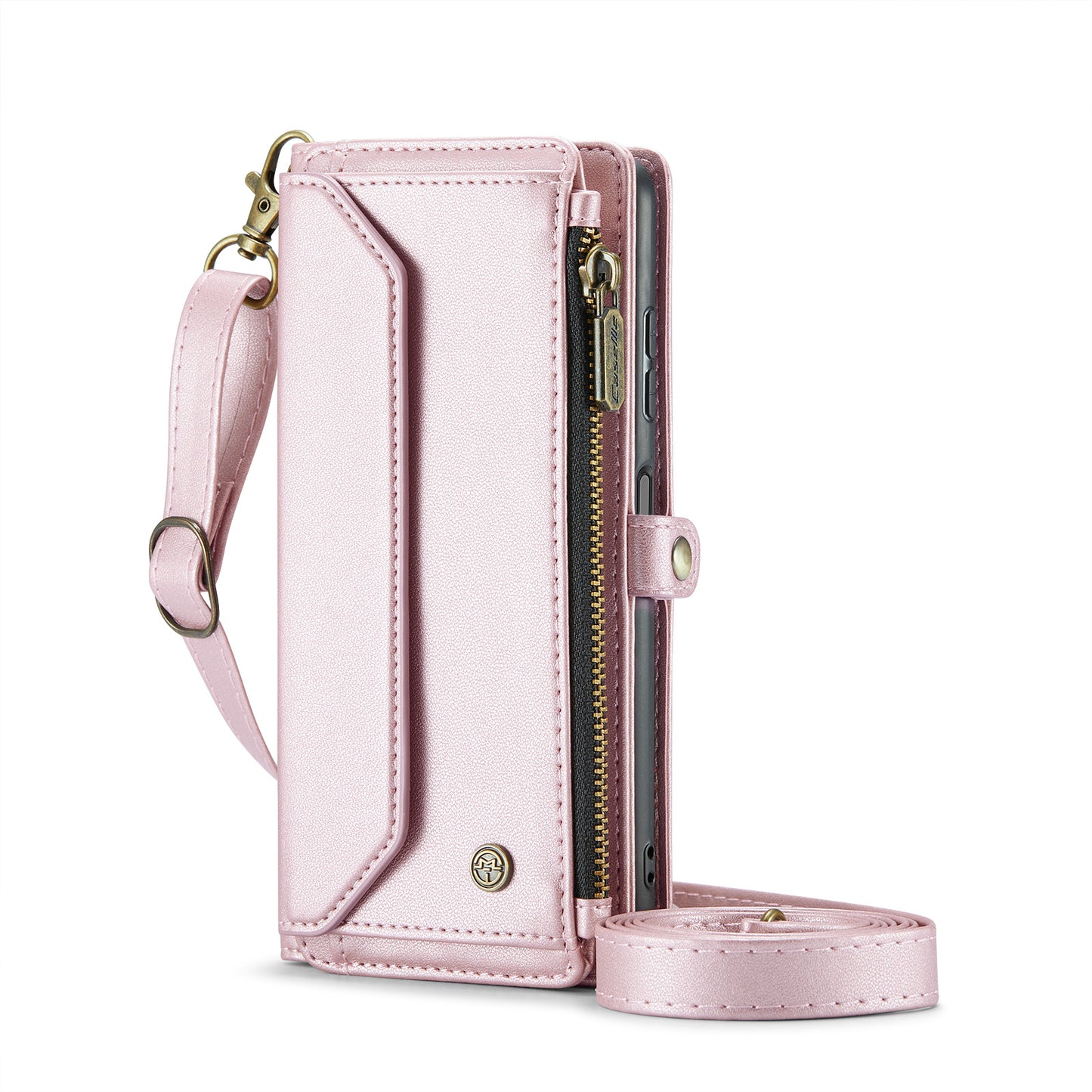 For Samsung Galaxy A16 5G / A16 4G Case CASEME C36 Series Zipper Wallet Leather Phone Cover with Straps - Pink