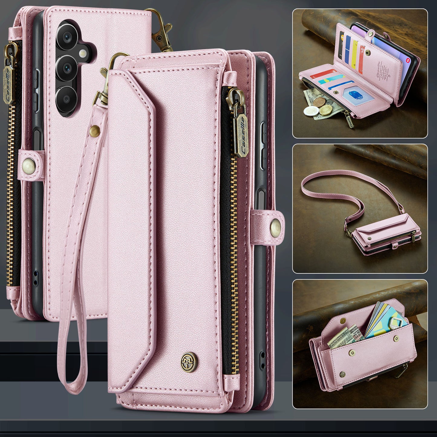 For Samsung Galaxy A16 5G / A16 4G Case CASEME C36 Series Zipper Wallet Leather Phone Cover with Straps - Pink