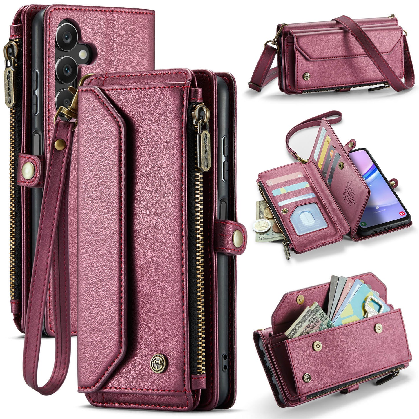 For Samsung Galaxy A16 5G / A16 4G Case CASEME C36 Series Zipper Wallet Leather Phone Cover with Straps - Red