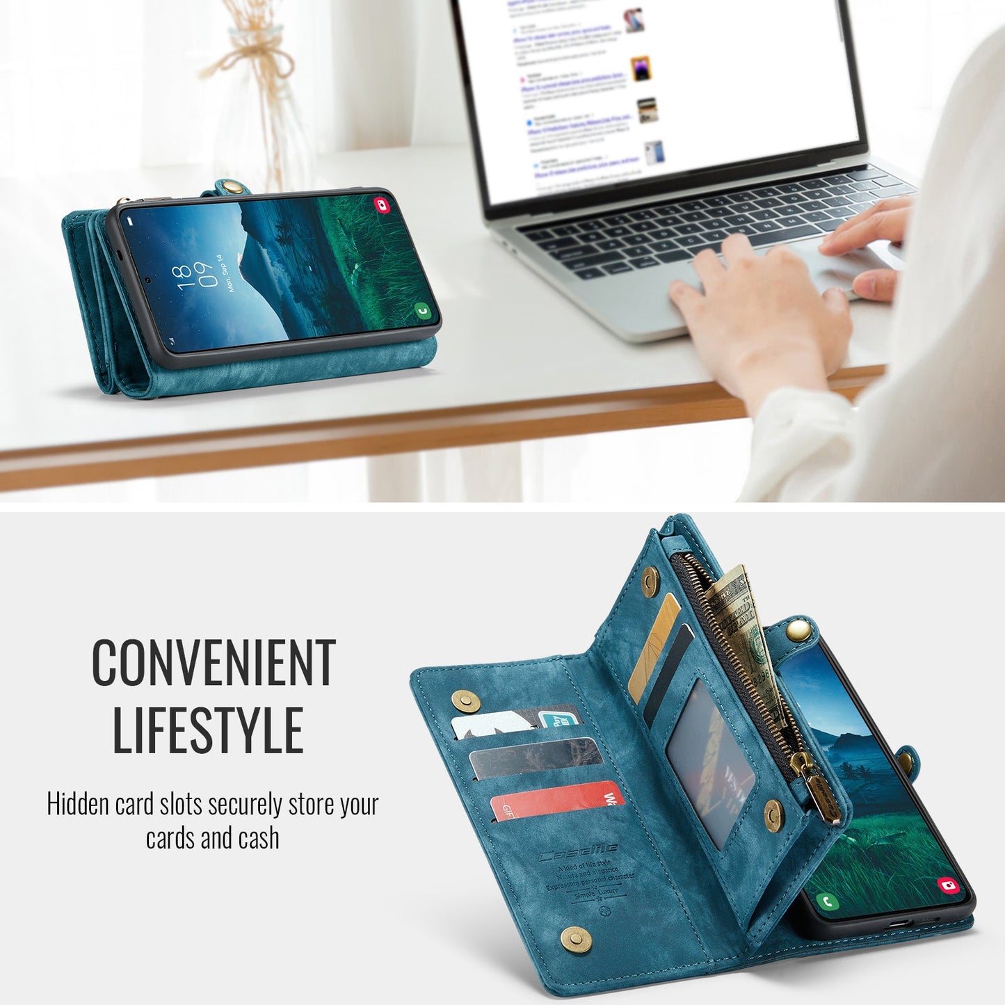 For Samsung Galaxy S24 FE Case CASEME 008 Series Detachable Leather Zipper Wallet Phone Cover - Blue