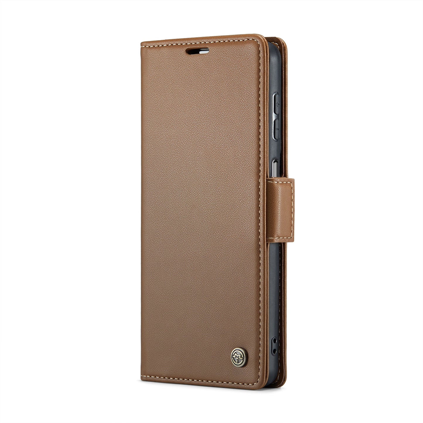 For Samsung Galaxy A16 5G / A16 4G Case CASEME 023 Series RFID Blocking Glossy Stand Phone Cover - Brown