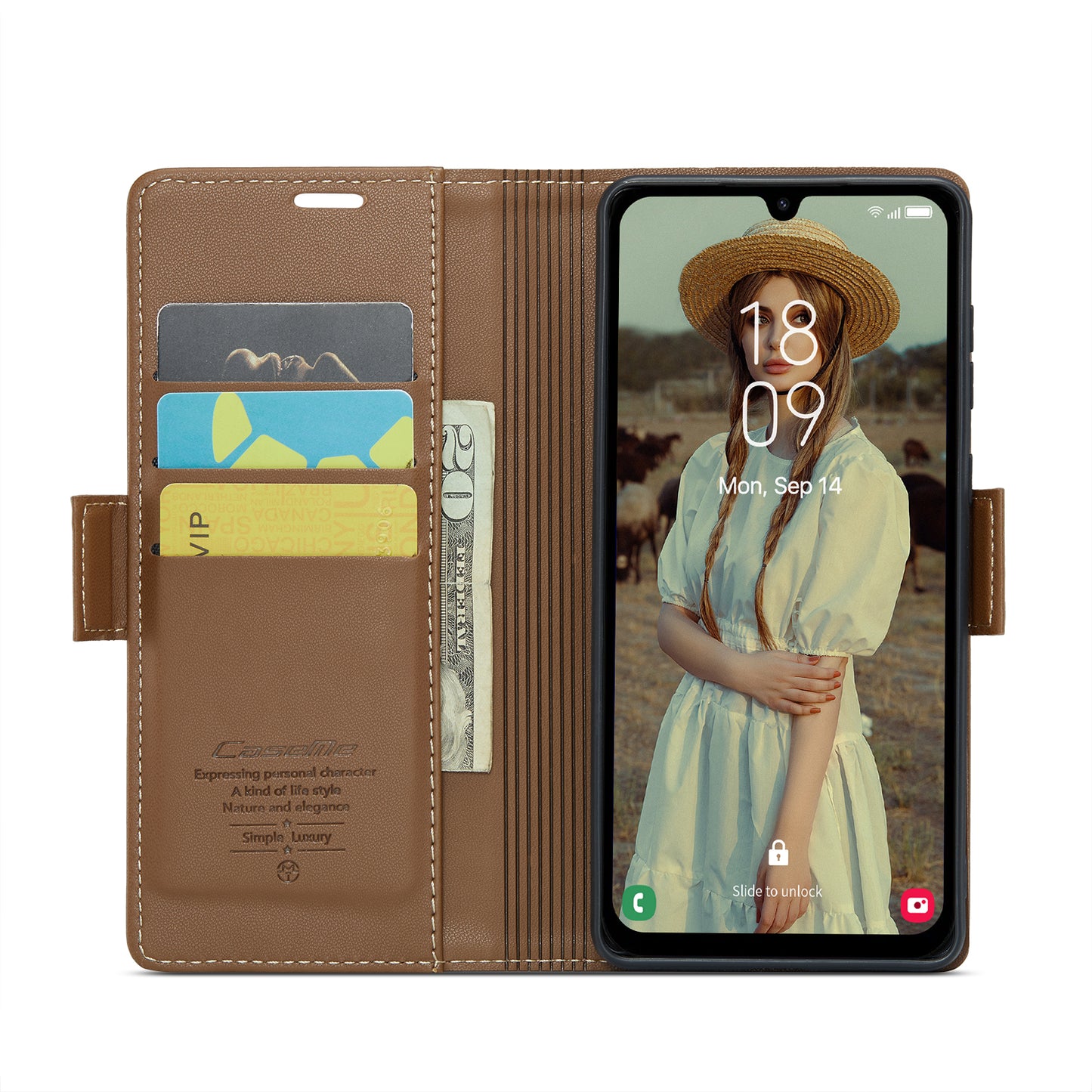 For Samsung Galaxy A16 5G / A16 4G Case CASEME 023 Series RFID Blocking Glossy Stand Phone Cover - Brown