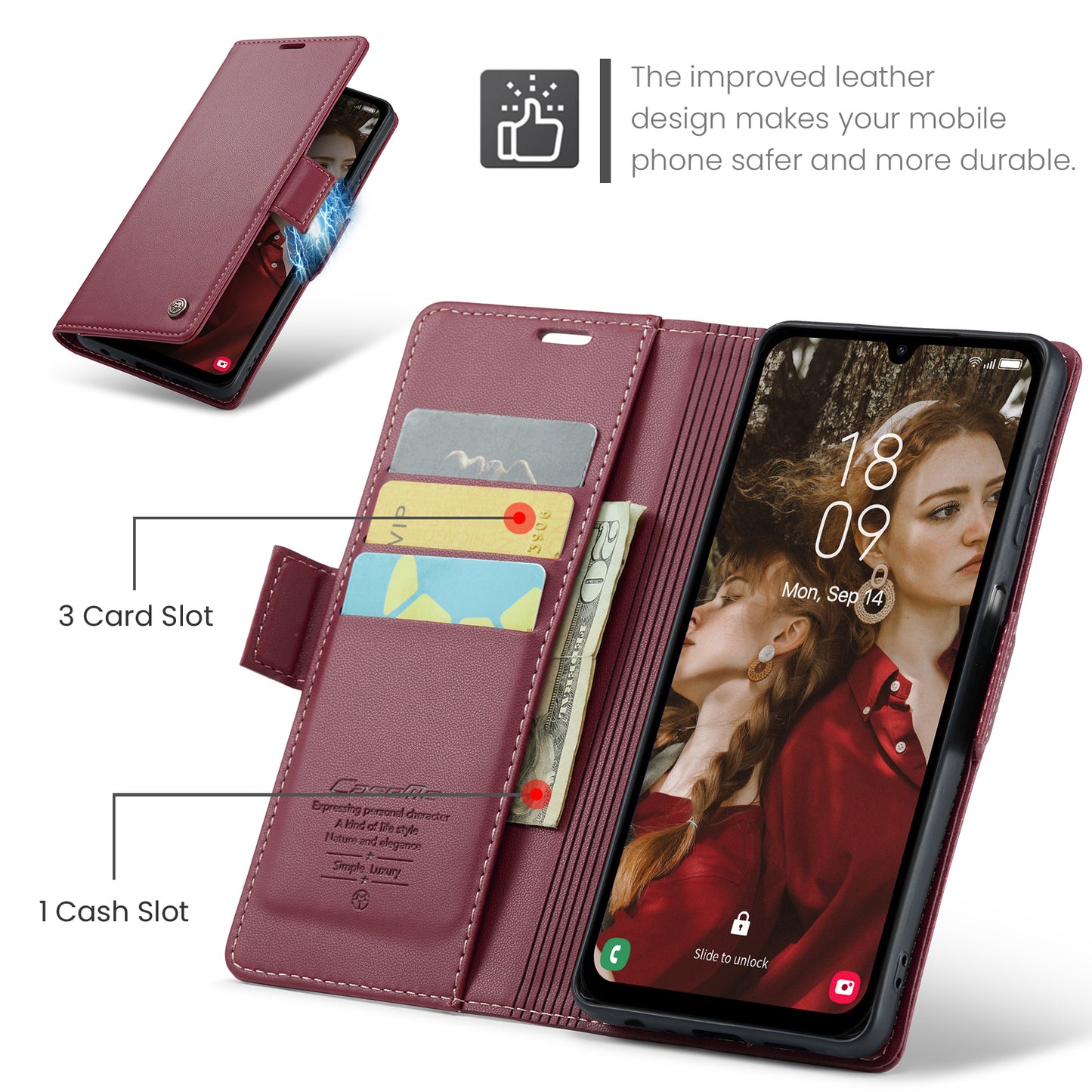 For Samsung Galaxy A16 5G / A16 4G Case CASEME 023 Series RFID Blocking Glossy Stand Phone Cover - Red