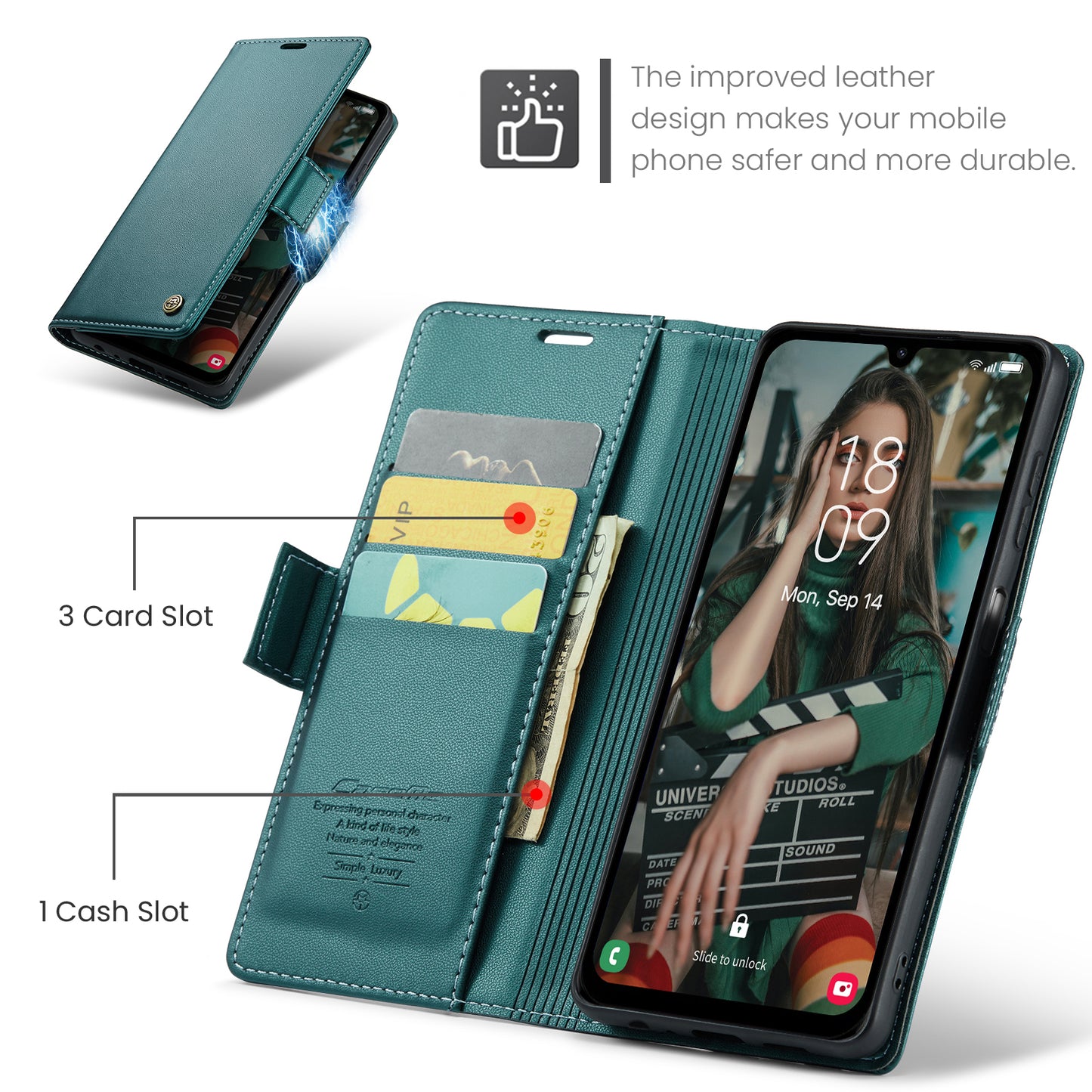 For Samsung Galaxy A16 5G / A16 4G Case CASEME 023 Series RFID Blocking Glossy Stand Phone Cover - Green