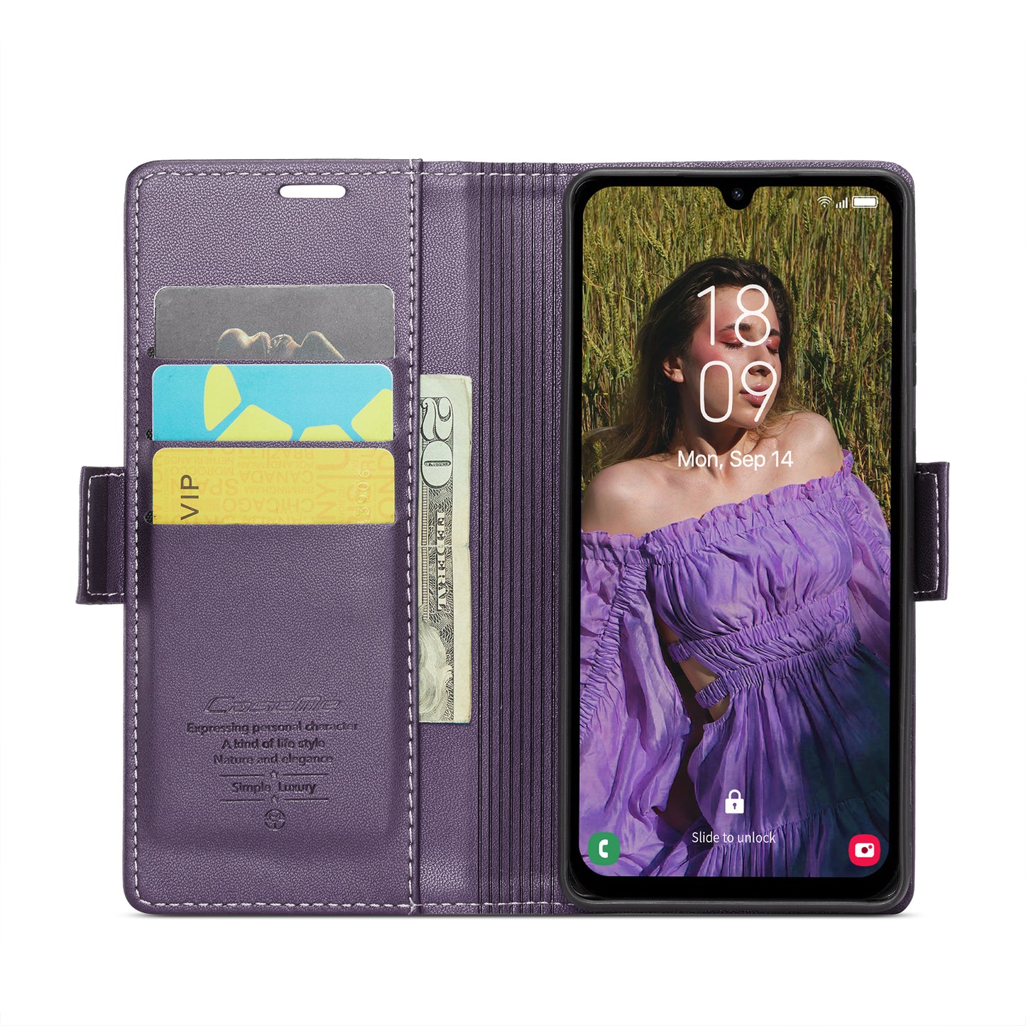 For Samsung Galaxy A16 5G / A16 4G Case CASEME 023 Series RFID Blocking Glossy Stand Phone Cover - Purple