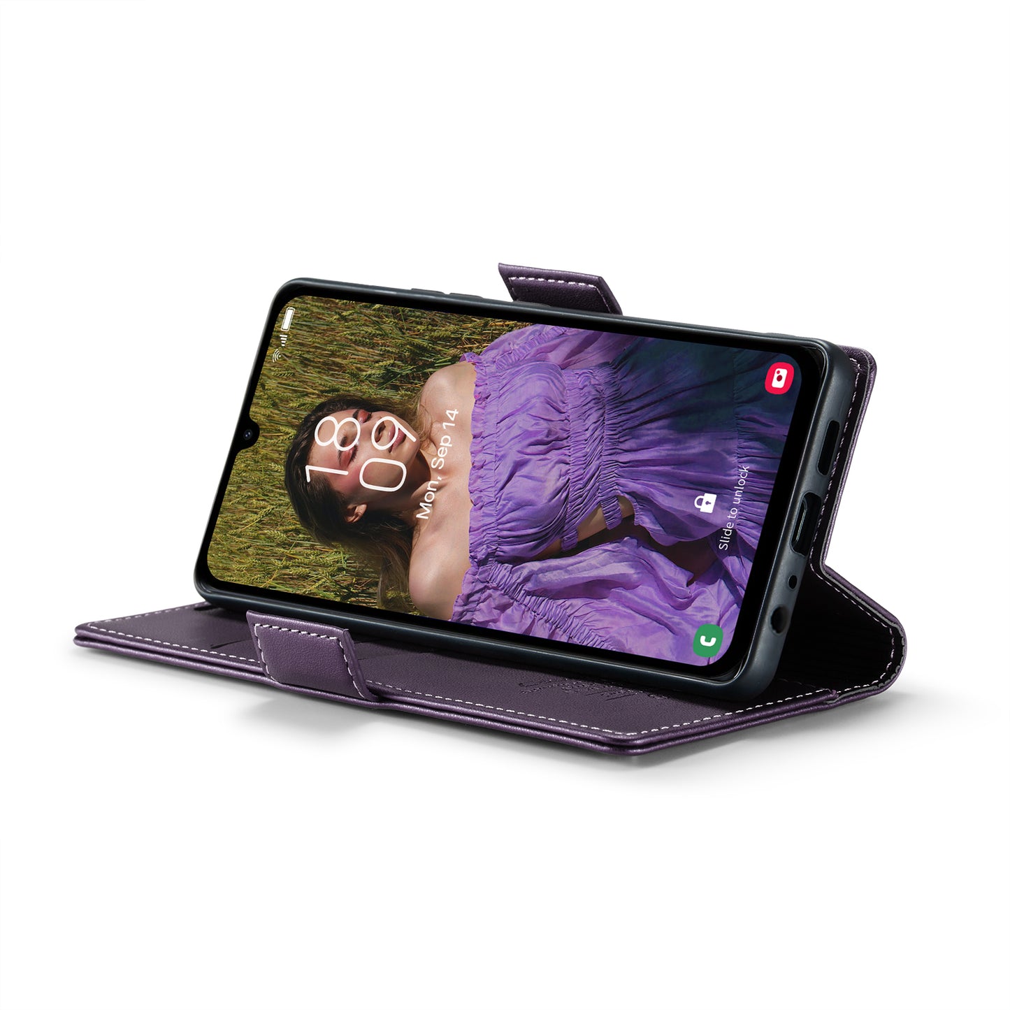 For Samsung Galaxy A16 5G / A16 4G Case CASEME 023 Series RFID Blocking Glossy Stand Phone Cover - Purple