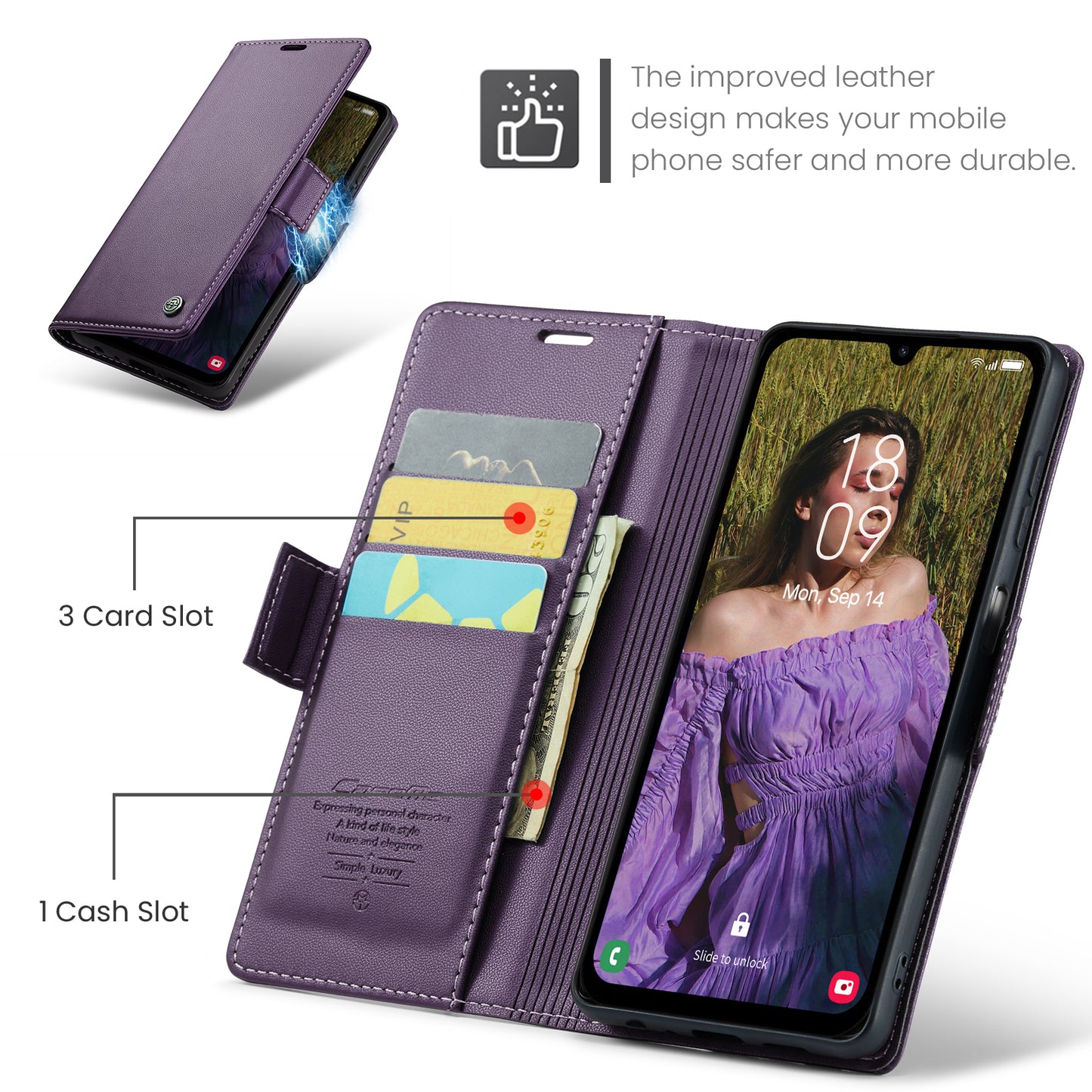 For Samsung Galaxy A16 5G / A16 4G Case CASEME 023 Series RFID Blocking Glossy Stand Phone Cover - Purple