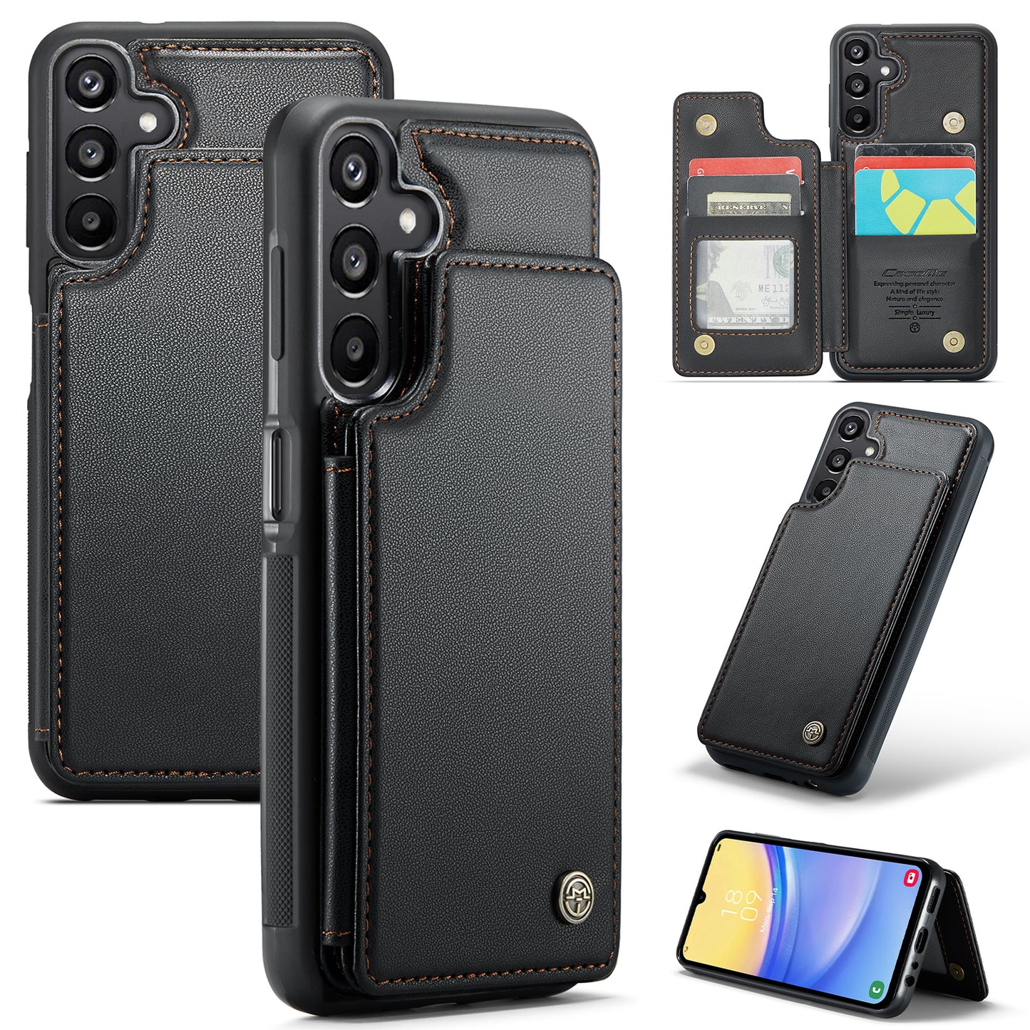 For Samsung Galaxy A16 5G / A16 4G Case CASEME C22 Series Leather+TPU Cover RFID Blocking 5 Card Slots - Black