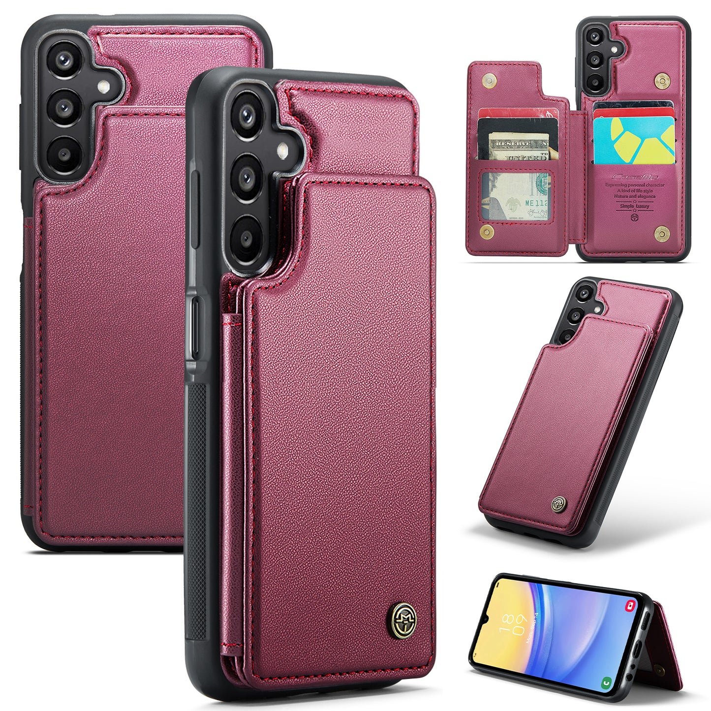 For Samsung Galaxy A16 5G / A16 4G Case CASEME C22 Series Leather+TPU Cover RFID Blocking 5 Card Slots - Red