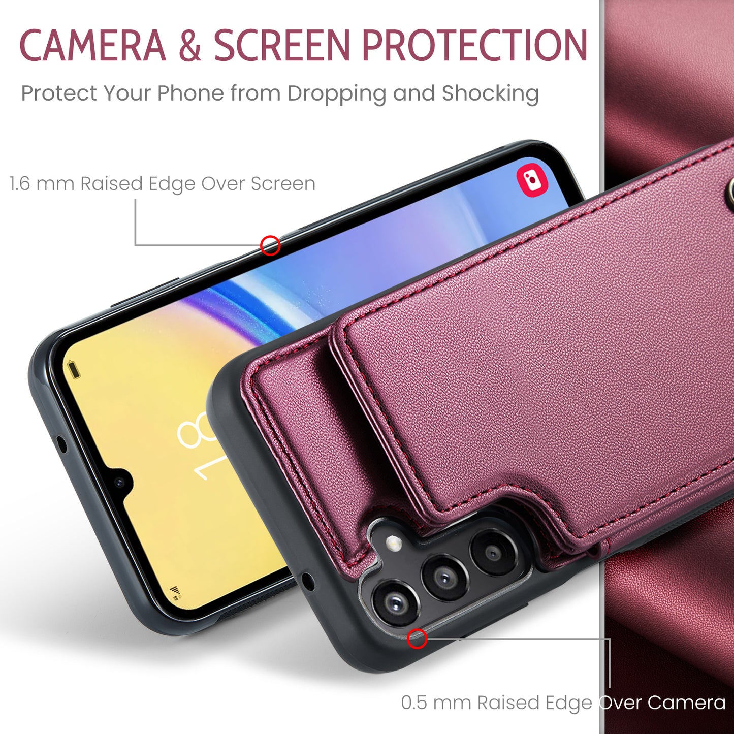 For Samsung Galaxy A16 5G / A16 4G Case CASEME C22 Series Leather+TPU Cover RFID Blocking 5 Card Slots - Red
