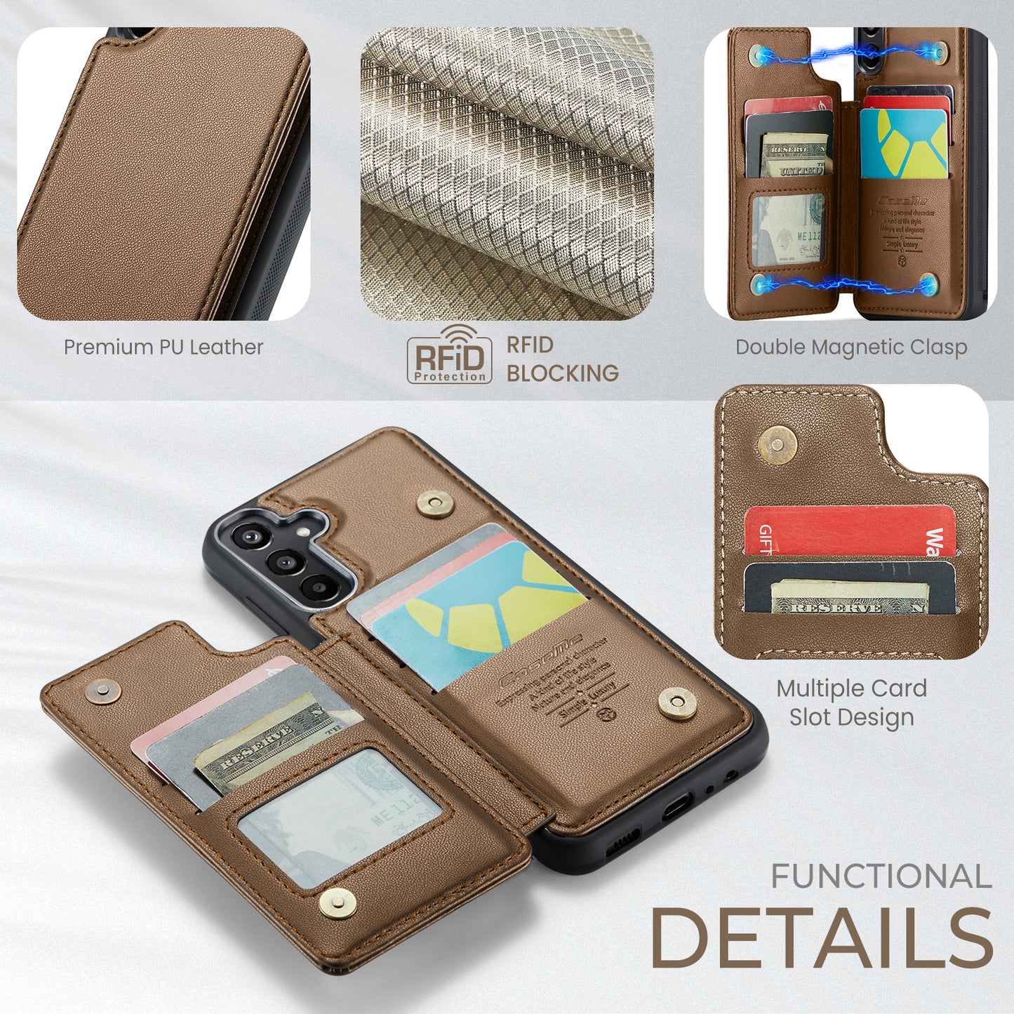 For Samsung Galaxy A16 5G / A16 4G Case CASEME C22 Series Leather+TPU Cover RFID Blocking 5 Card Slots - Brown