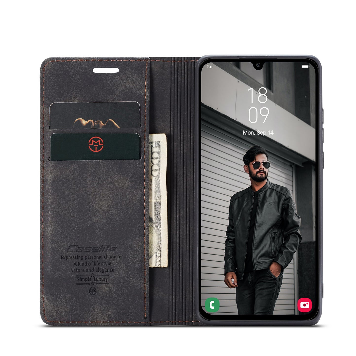For Samsung Galaxy A16 5G / A16 4G Case CASEME 013 Series Card Holder Stand Leather Phone Cover - Black