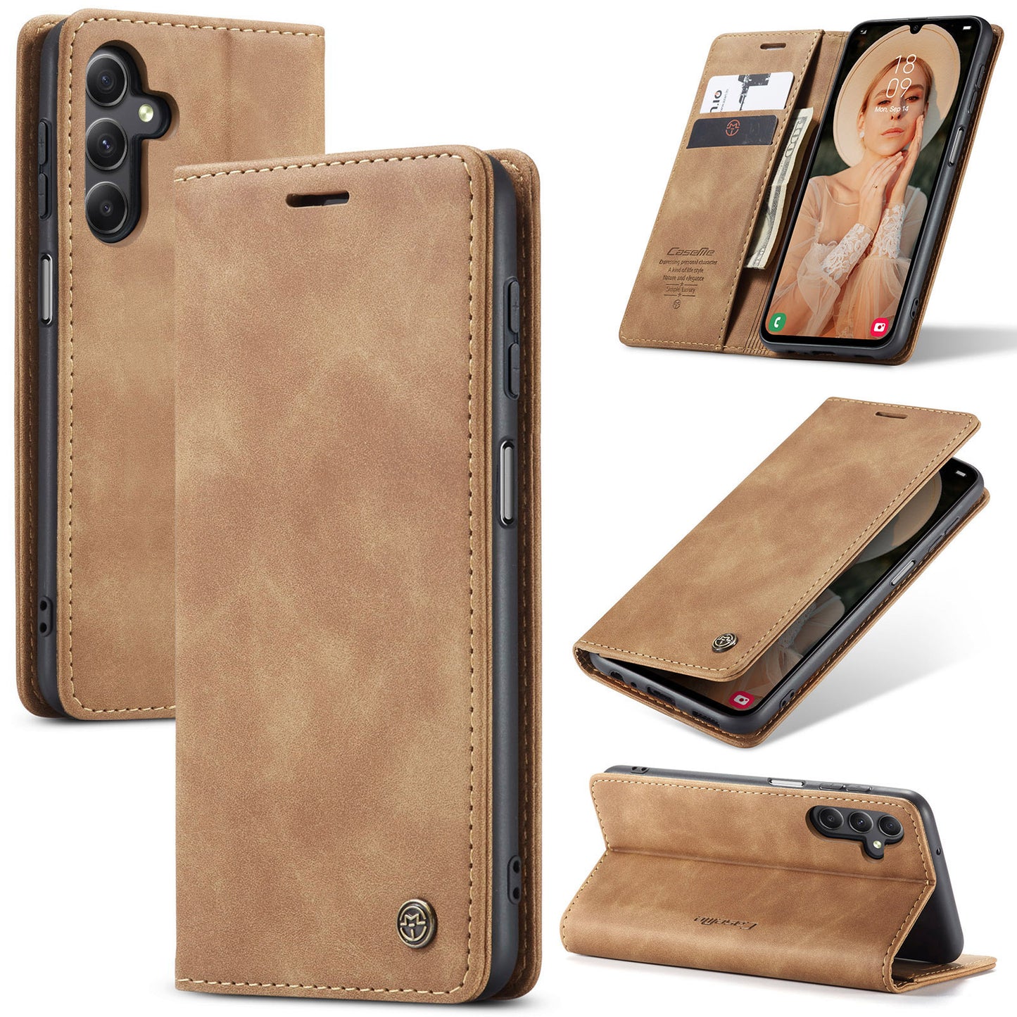 For Samsung Galaxy A16 5G / A16 4G Case CASEME 013 Series Card Holder Stand Leather Phone Cover - Brown