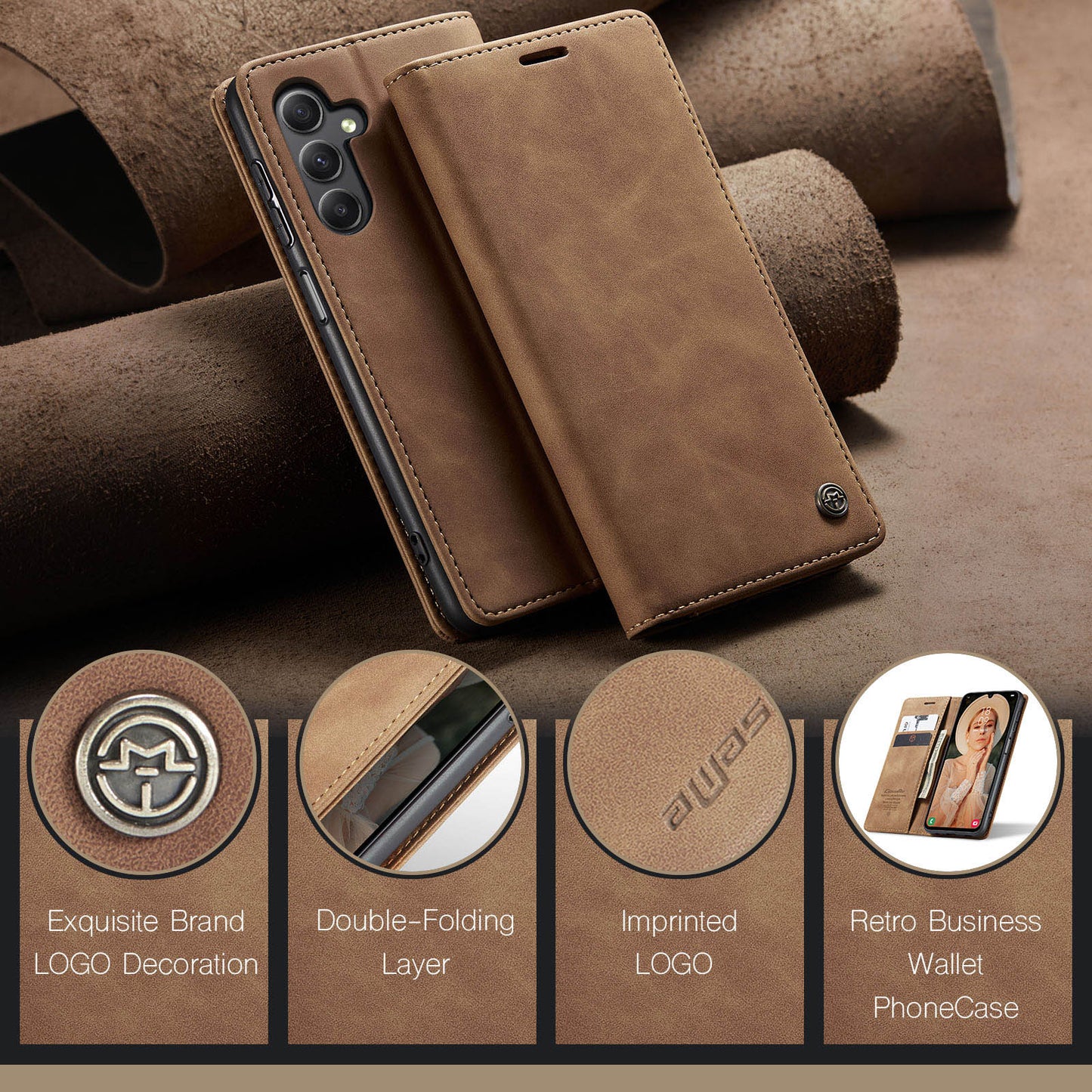 For Samsung Galaxy A16 5G / A16 4G Case CASEME 013 Series Card Holder Stand Leather Phone Cover - Brown