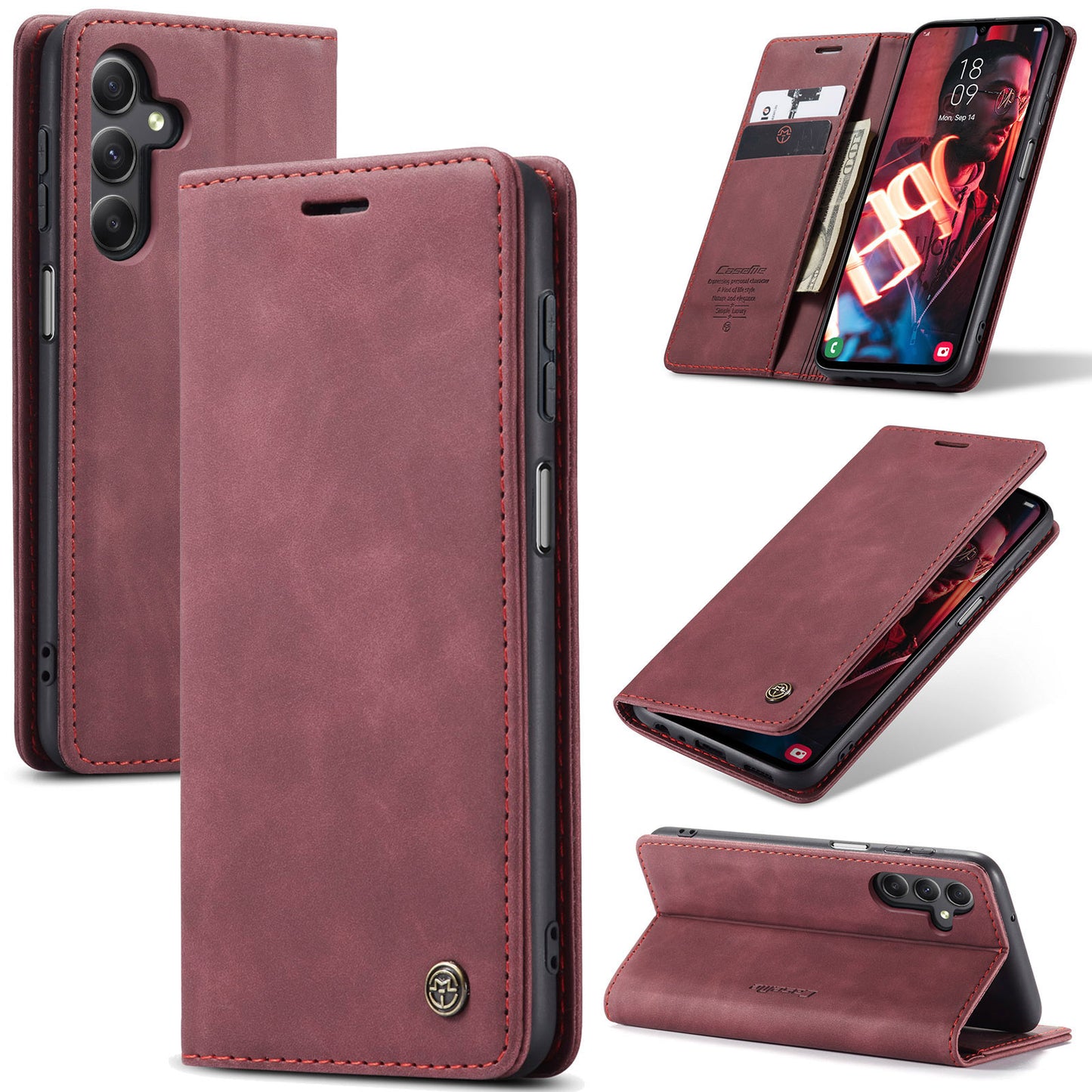 For Samsung Galaxy A16 5G / A16 4G Case CASEME 013 Series Card Holder Stand Leather Phone Cover - Red