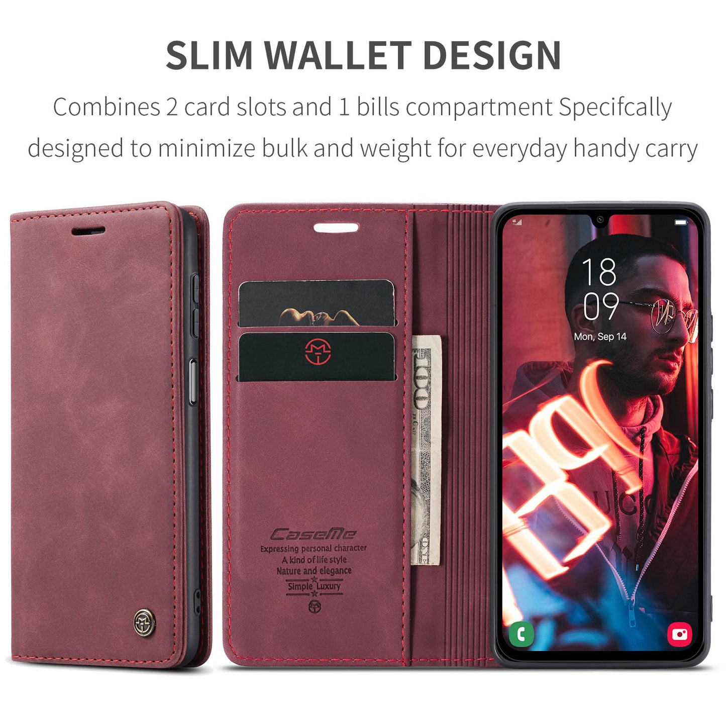 For Samsung Galaxy A16 5G / A16 4G Case CASEME 013 Series Card Holder Stand Leather Phone Cover - Red