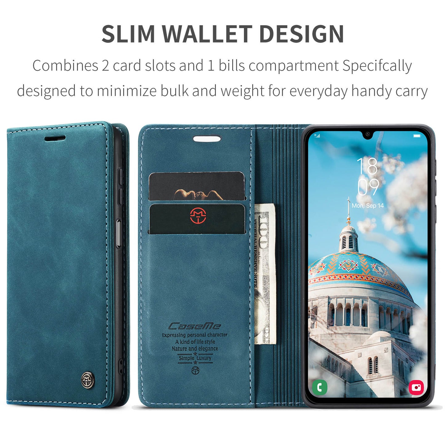 For Samsung Galaxy A16 5G / A16 4G Case CASEME 013 Series Card Holder Stand Leather Phone Cover - Blue