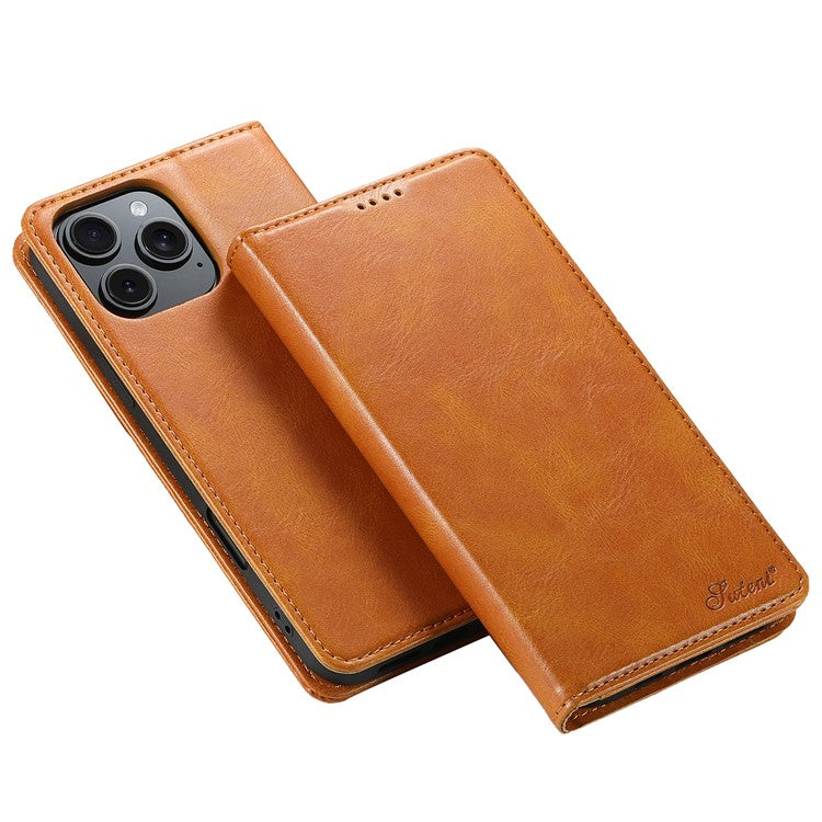 SUTENI J02 Series for iPhone 16 Pro Case Waxy Texture Leather Phone Cover with Magnetic Closure - Khaki