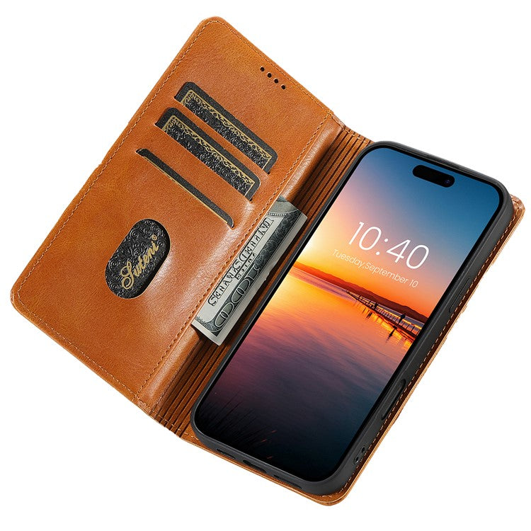 SUTENI J02 Series for iPhone 16 Pro Case Waxy Texture Leather Phone Cover with Magnetic Closure - Khaki
